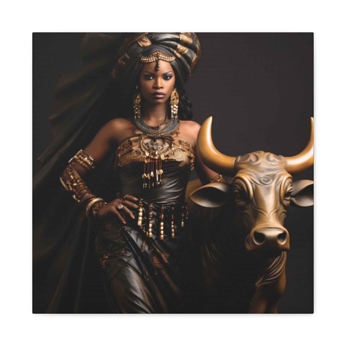 Golden African Queen with Bull – Regal Black Art Canvas for Empowered Spaces, Wall Decor, Home Decoration, Cultural Gift, Unique Artwork, Living Room Art