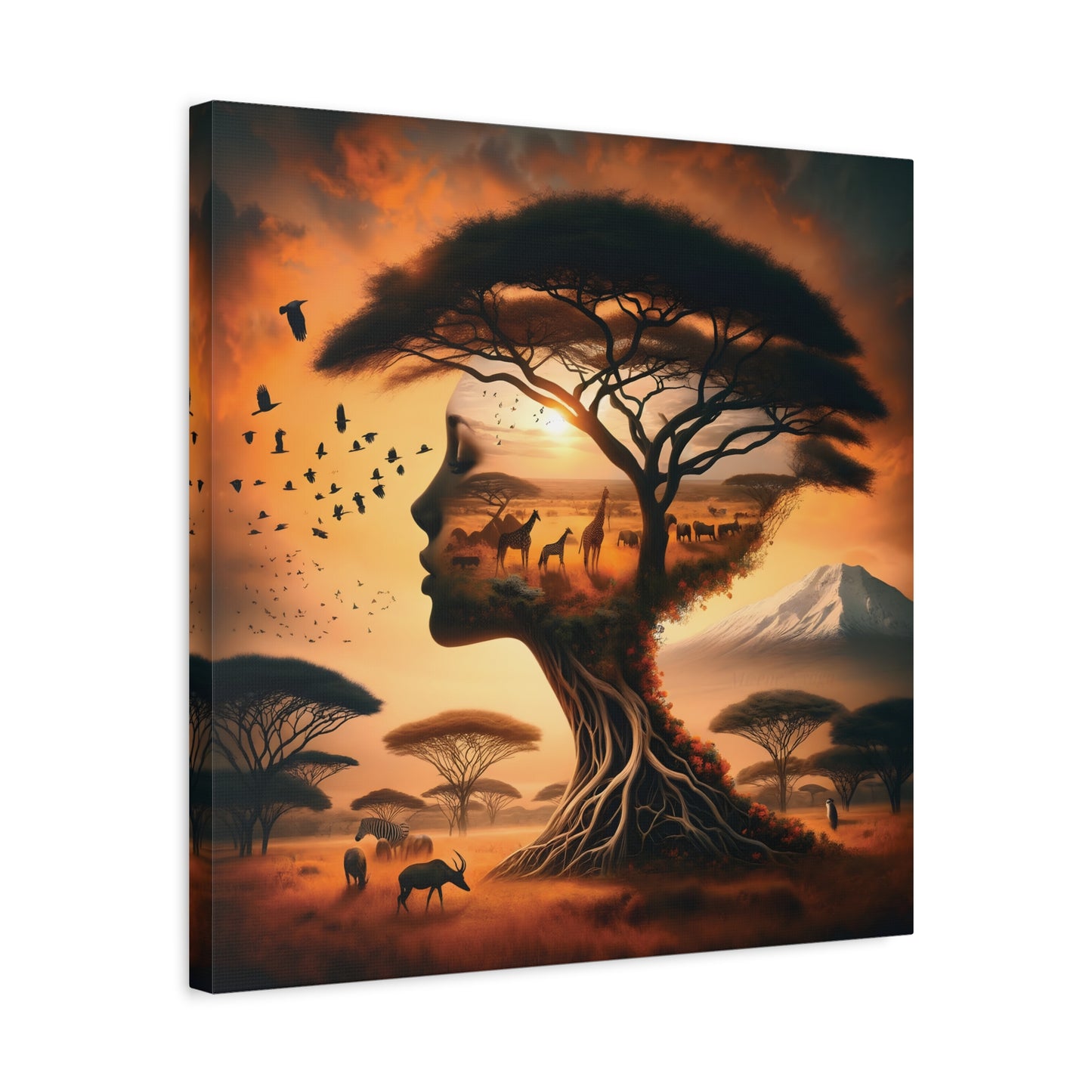 Mother Africa Silhouette Tree Art – Afrocentric Safari Wall Print with Wildlife & Mountain Scene - Dreamy Wall Decor for Nature Lovers, Wildlife Artwork,