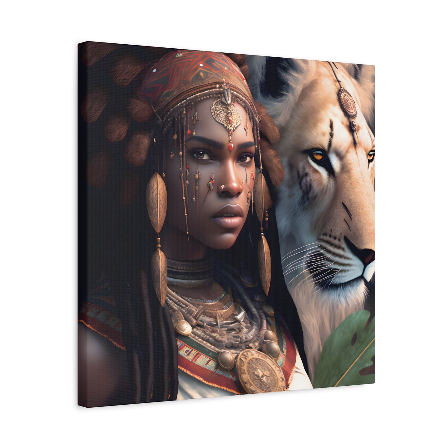 African Tribal Queen and White Lion Canvas – Regal Afrocentric Canvas Art Print, Bohemian Decor, Unique Wall Art, Tribal Home Decoration, Lion and Woman Artwork, Gift for Nature Lovers