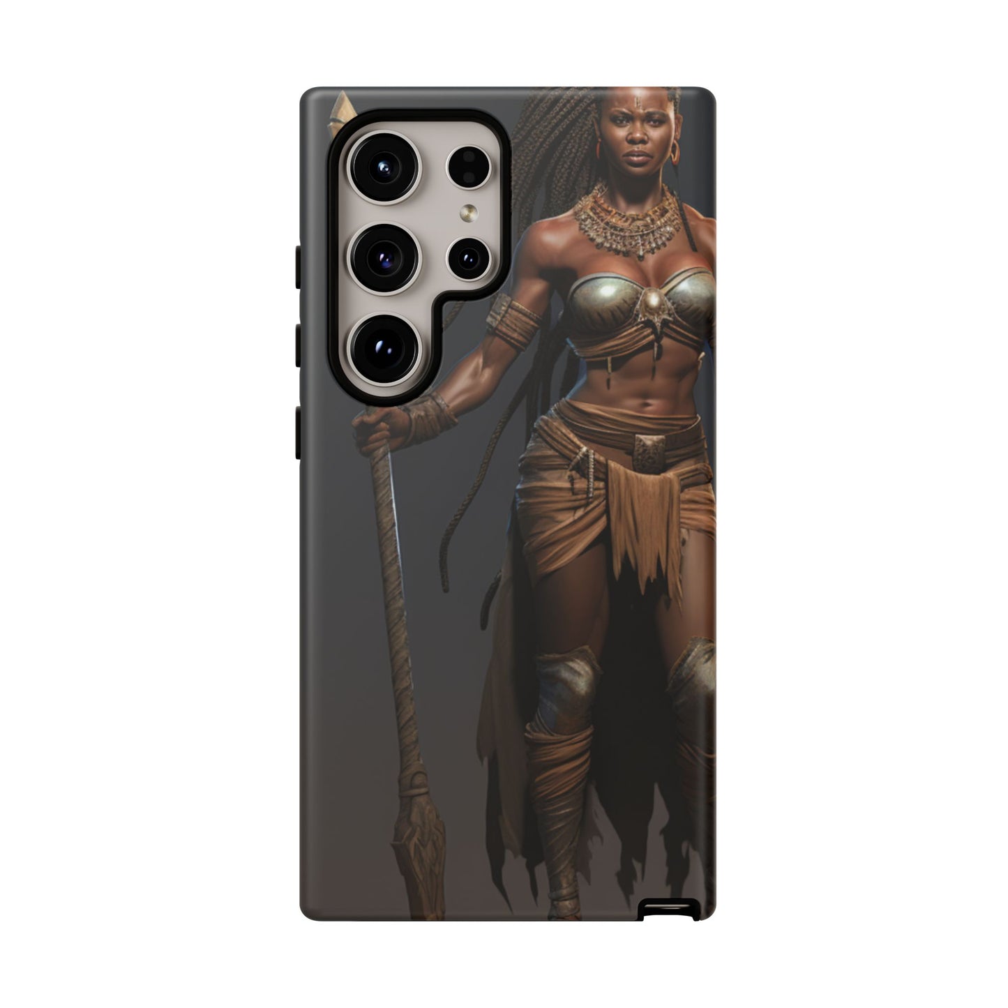 African Female Warrior Phone Case – Powerful Spear-Wielding Tribal Art Design, Bold Protective Cover