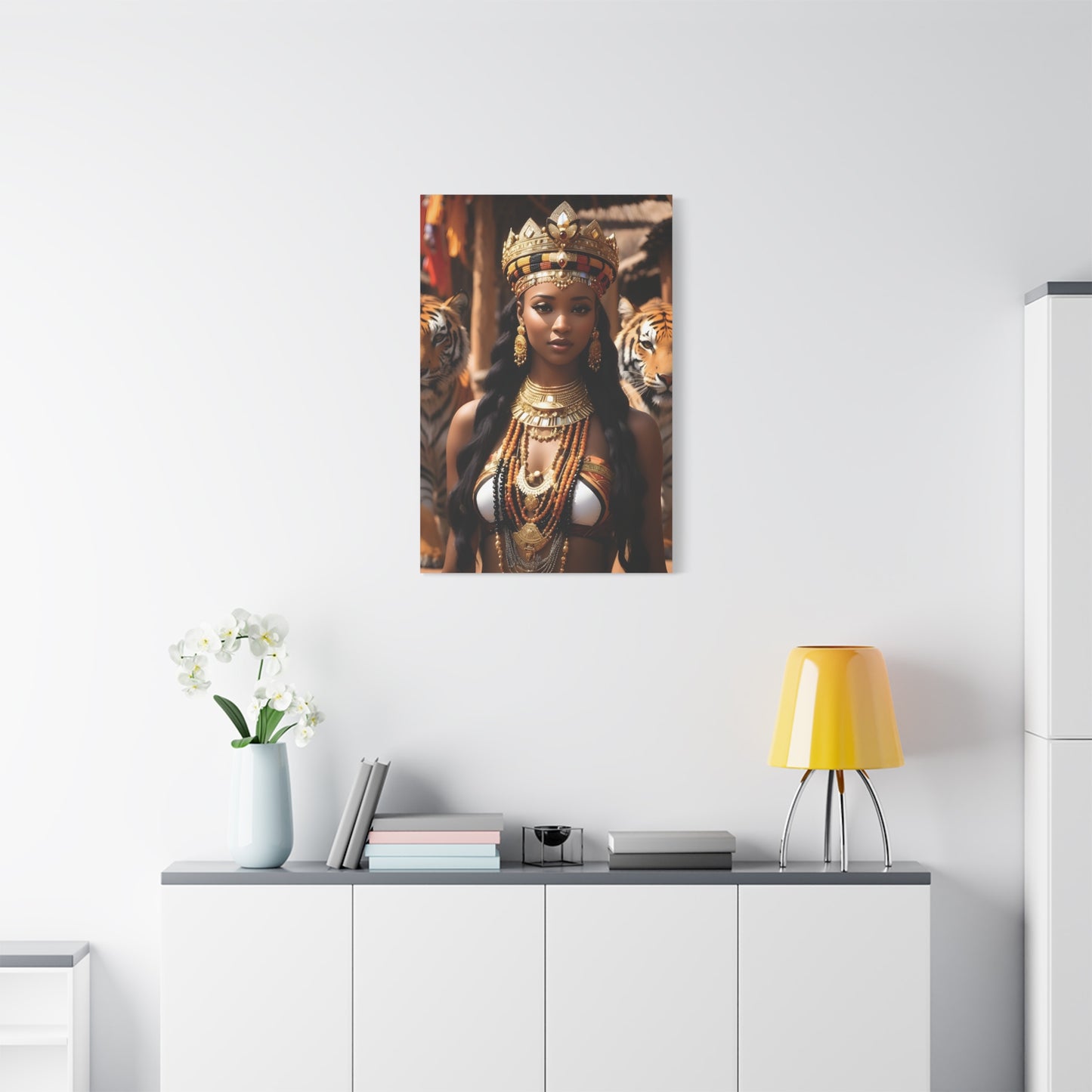 African Royal Queen with Tigers Wall Art – Tribal Crown & Golden Jewelry | Afrocentric Power Decor Bohemian Home Decor, Ethnic Artwork