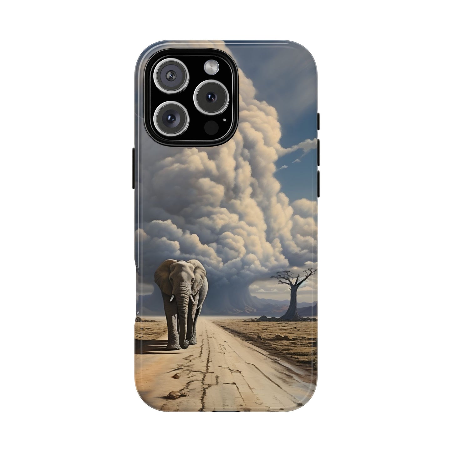 Elephant on Old Road Phone Case – Majestic Wildlife Art with Dramatic Cloud, Nature-Inspired Protective Cover
