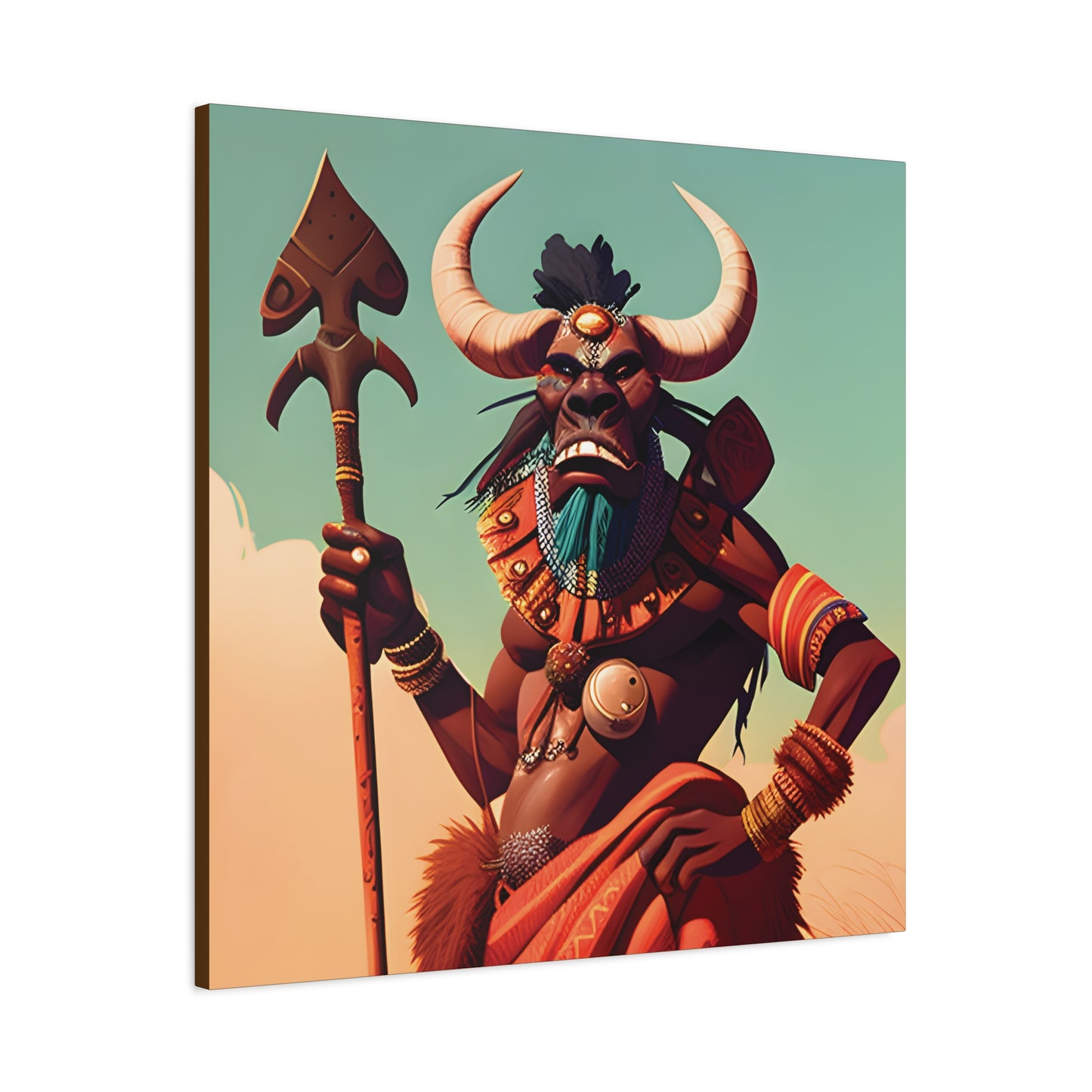 Bold African Tribal Warrior Canvas Art Print, Tribal Wall Decor, Cultural Artwork, Boho Home Decor, Unique Gifts for Him,Warrior Bull Spirit Art