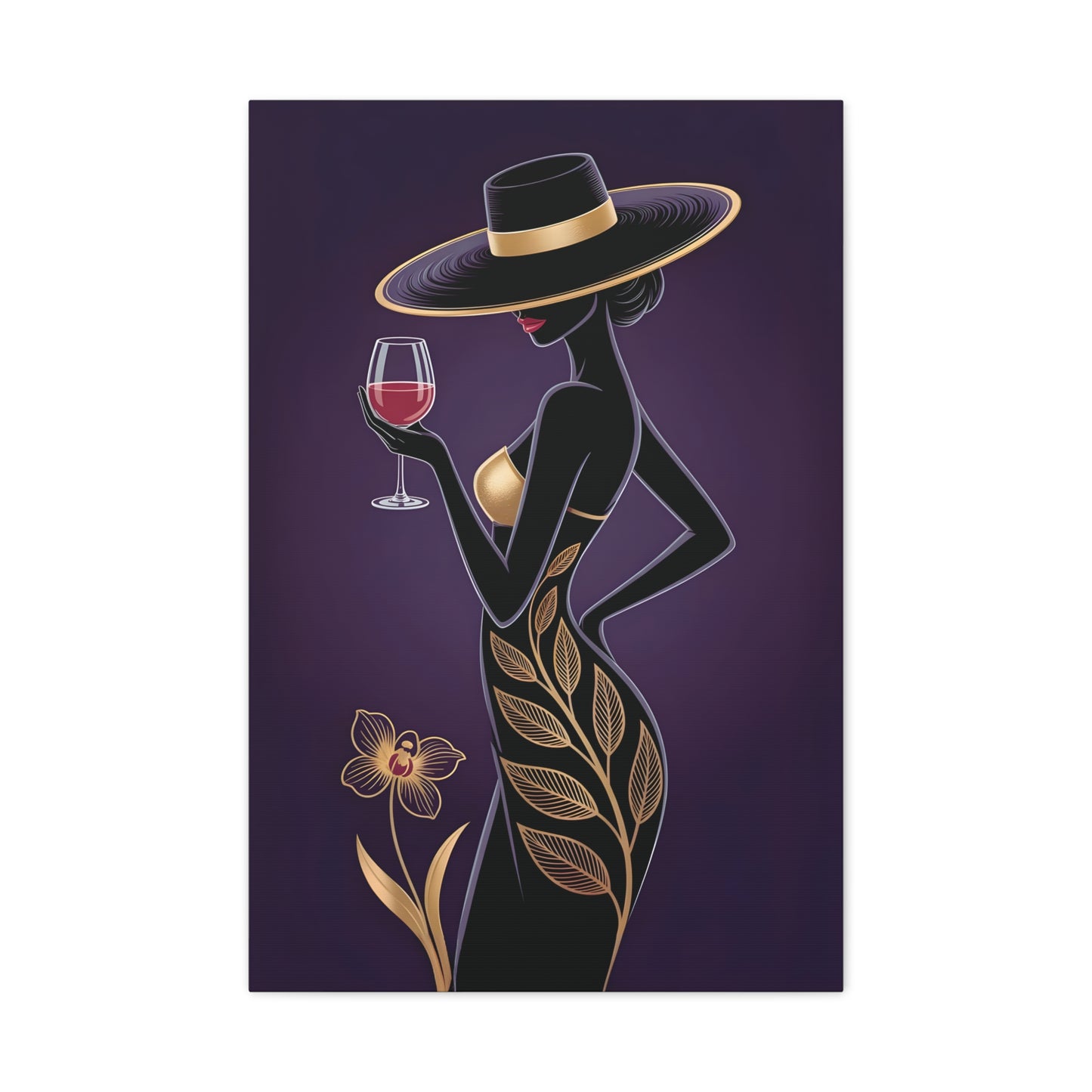 Elegant Afro Woman Canvas Wall Art – Black & Gold Fashion Lady with Wine Glass, Stylish Wall Art, Modern Home, Gift for Hostess, Fashionable Wall Decor