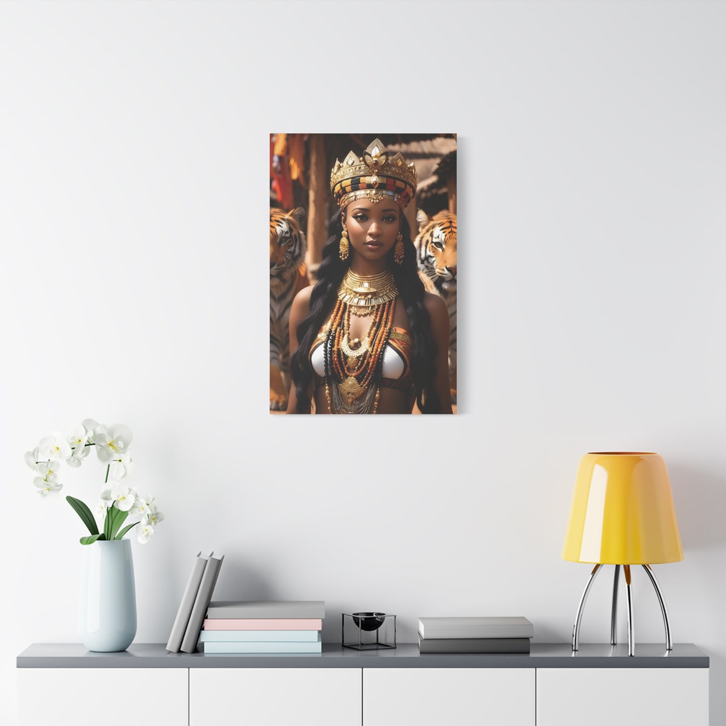 African Royal Queen with Tigers Wall Art – Tribal Crown & Golden Jewelry | Afrocentric Power Decor Bohemian Home Decor, Ethnic Artwork