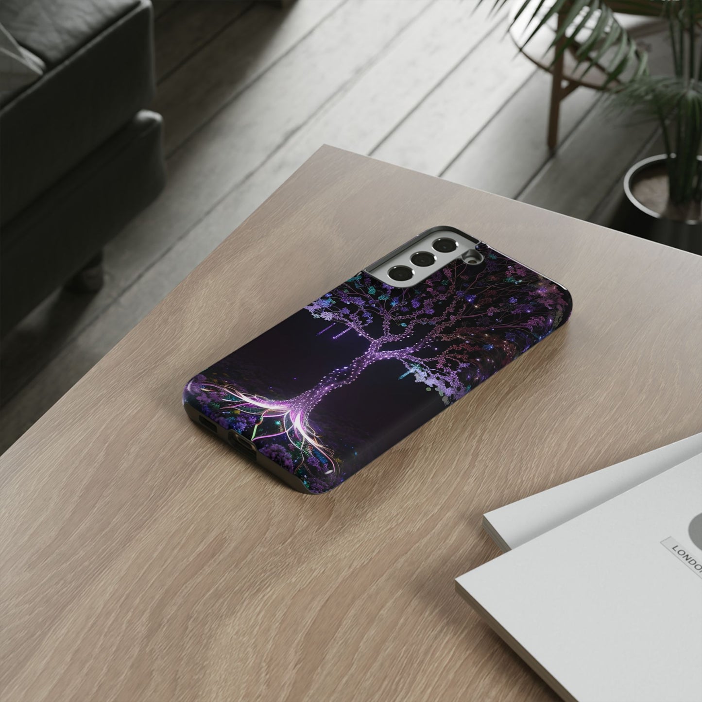 Dark Purple Tree Phone Case – Luminous Nature Art, Mystical Night Design Protective Cove