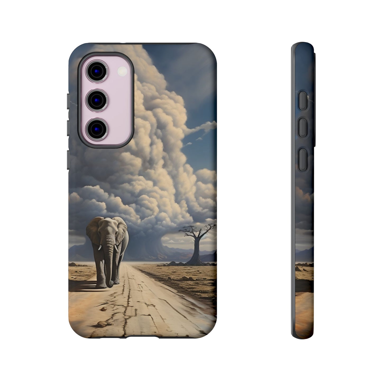 Elephant on Old Road Phone Case – Majestic Wildlife Art with Dramatic Cloud, Nature-Inspired Protective Cover