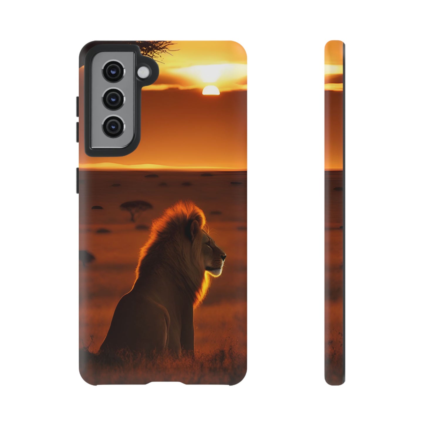Lion Sunset Phone Case – Majestic Wildlife Art with Tree Silhouette, Safari-Inspired Protective Cover