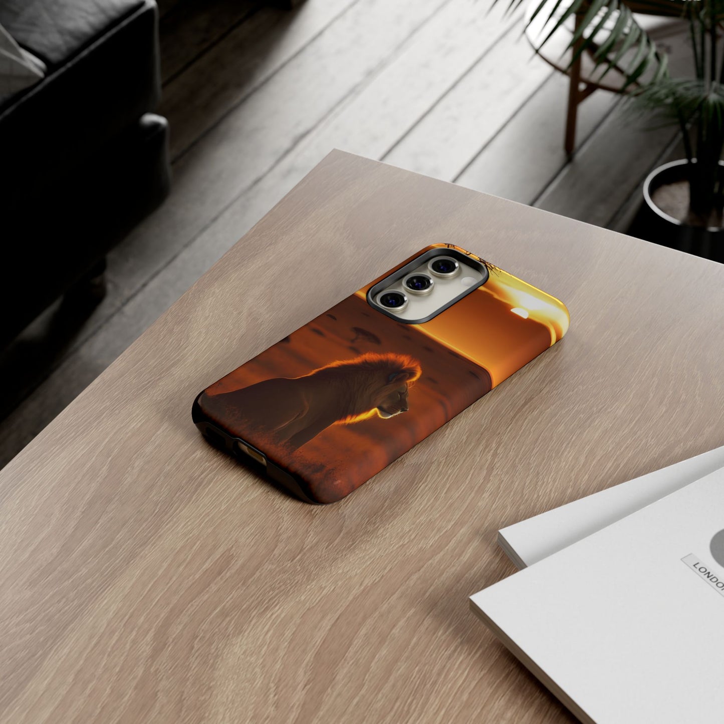 Lion Sunset Phone Case – Majestic Wildlife Art with Tree Silhouette, Safari-Inspired Protective Cover