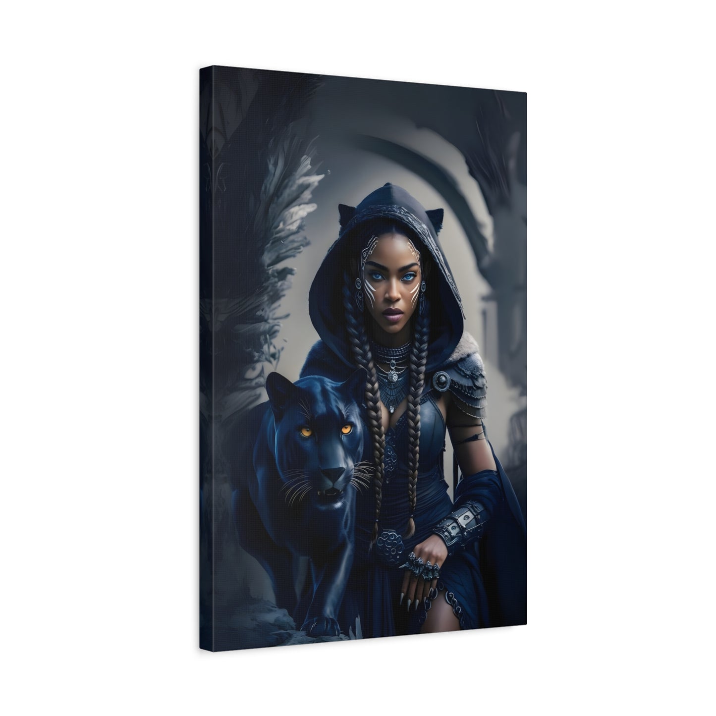 Fantasy Canvas Wall Art - Warrior with Panther, Home Decor, Black Art Print, Gift for Her, Boho Wall Hanging, Magical Room Decor, Afro