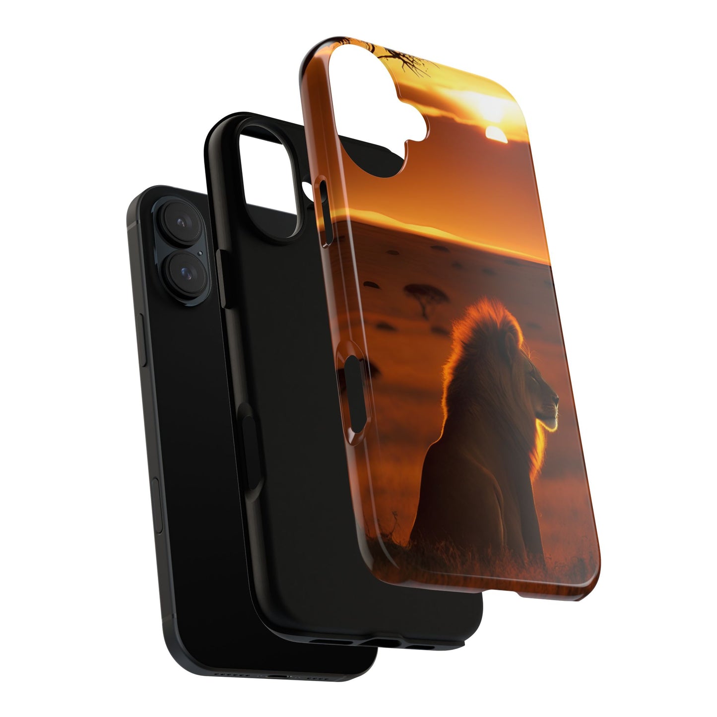 Lion Sunset Phone Case – Majestic Wildlife Art with Tree Silhouette, Safari-Inspired Protective Cover