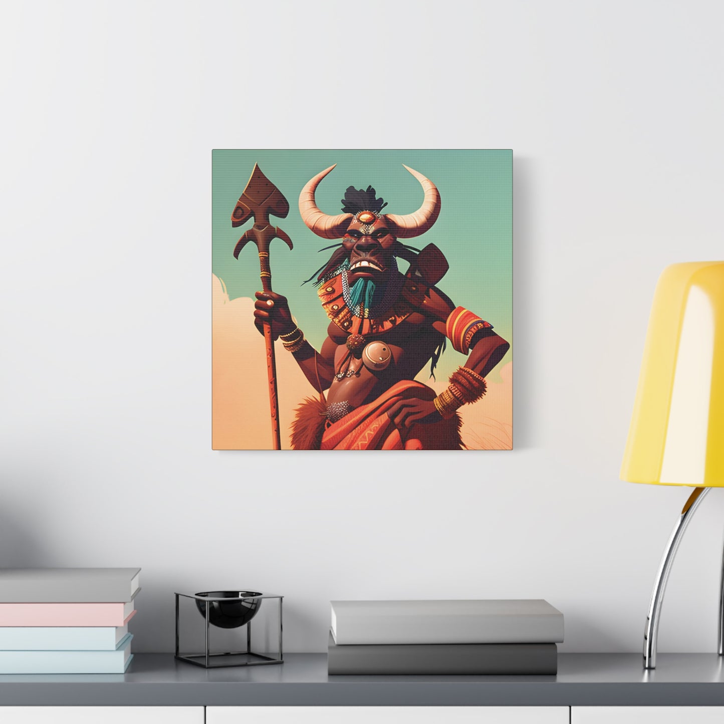 Bold African Tribal Warrior Canvas Art Print, Tribal Wall Decor, Cultural Artwork, Boho Home Decor, Unique Gifts for Him,Warrior Bull Spirit Art