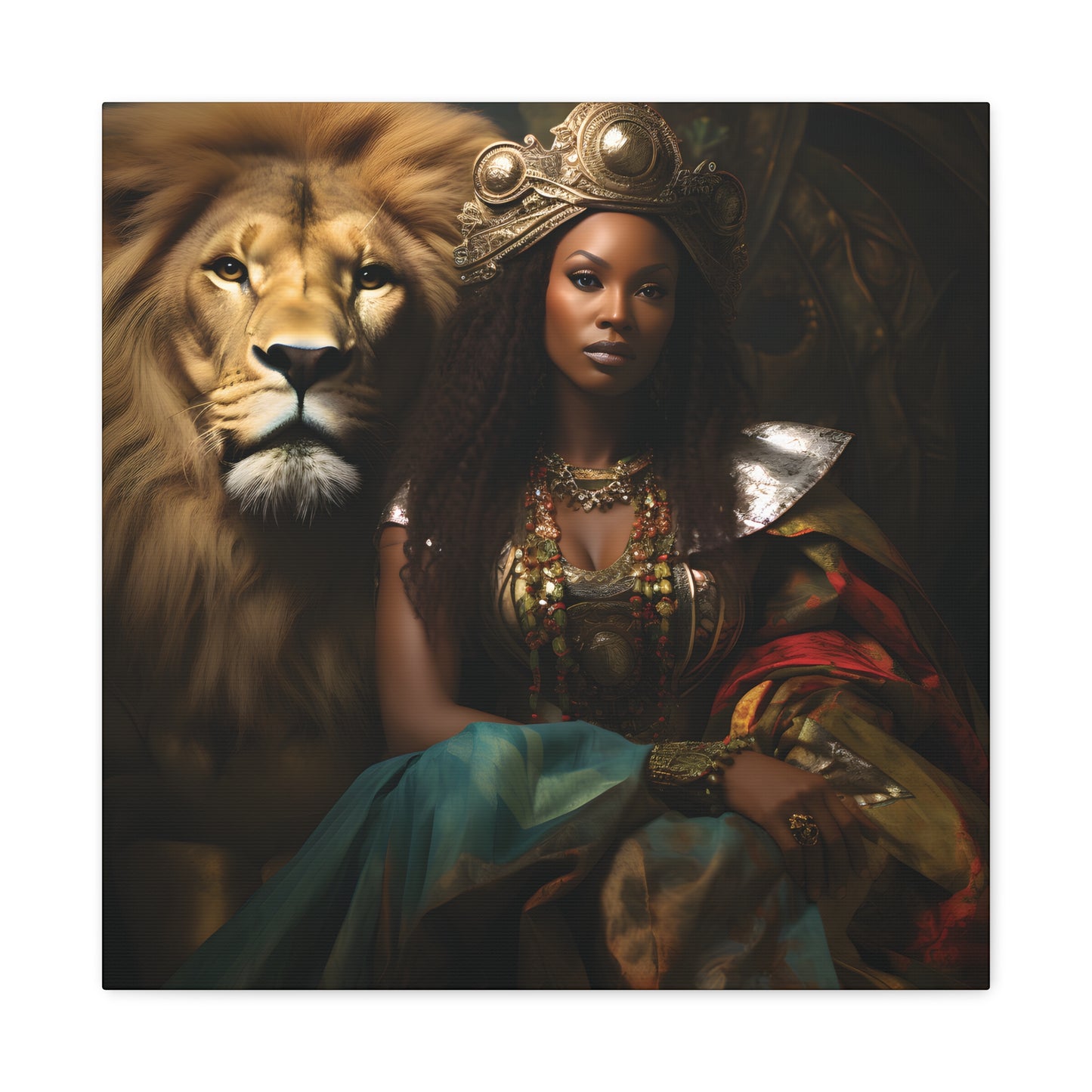African Queen and Lion Royal Portrait – Regal Afrocentric Wall Art Print, Home Decor, Gift for Animal Lovers, Royalty Theme, Artful Decor