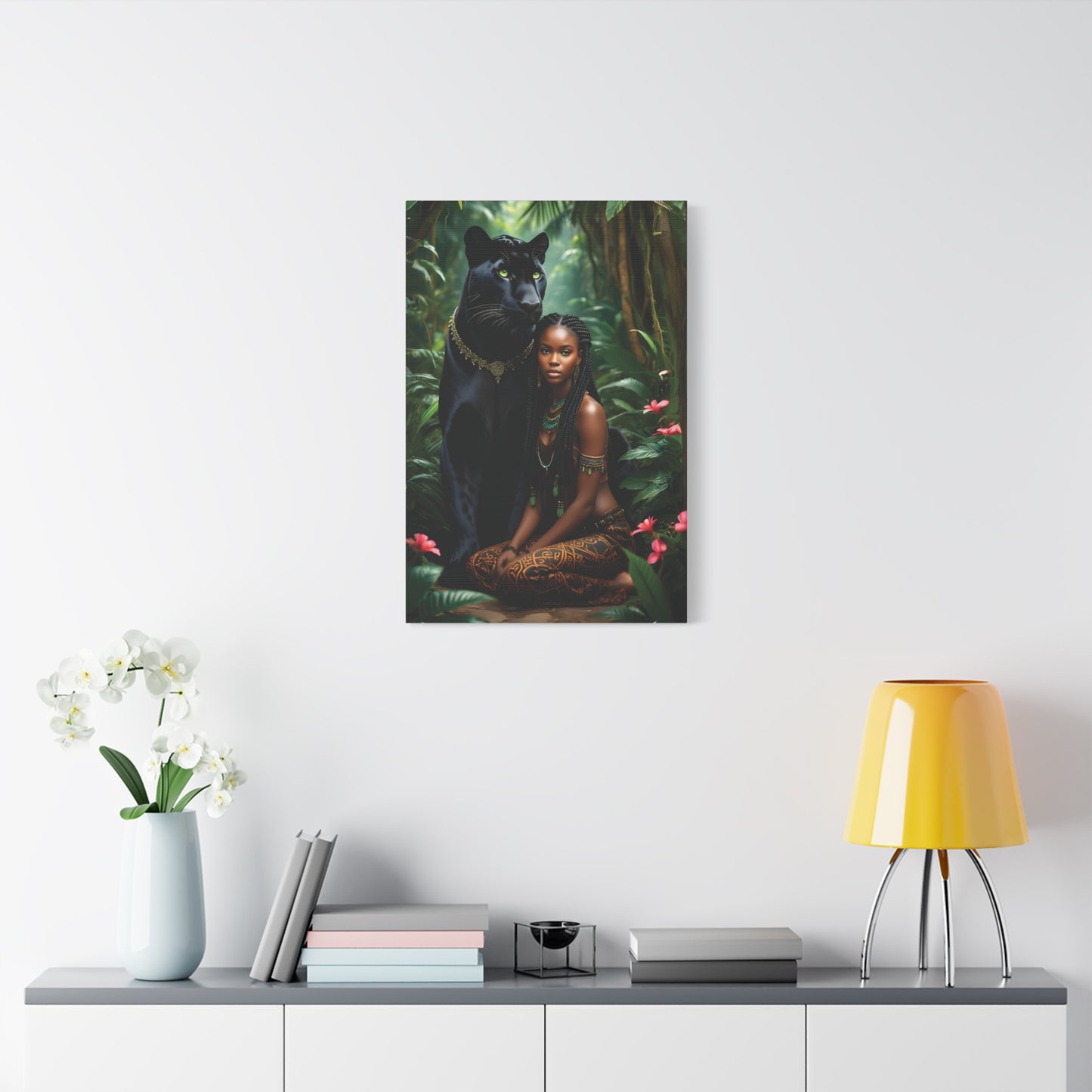 Exotic Jungle Canvas Art Print, Black Panther and Woman Wall Decor, Nature Lover Gift, Bohemian Home Art, Tropical Vibe Decoration, Afro Art