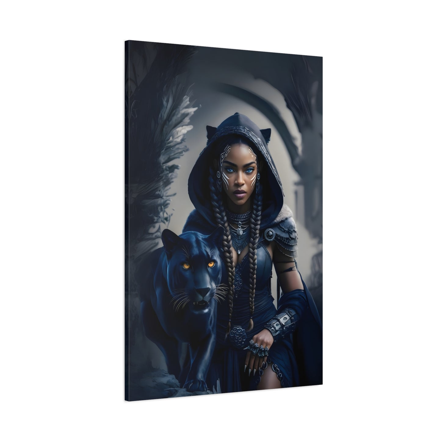 Fantasy Canvas Wall Art - Warrior with Panther, Home Decor, Black Art Print, Gift for Her, Boho Wall Hanging, Magical Room Decor, Afro