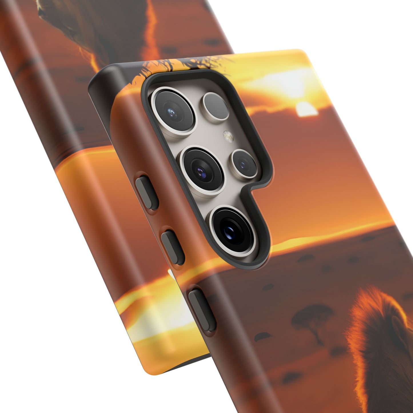 Lion Sunset Phone Case – Majestic Wildlife Art with Tree Silhouette, Safari-Inspired Protective Cover