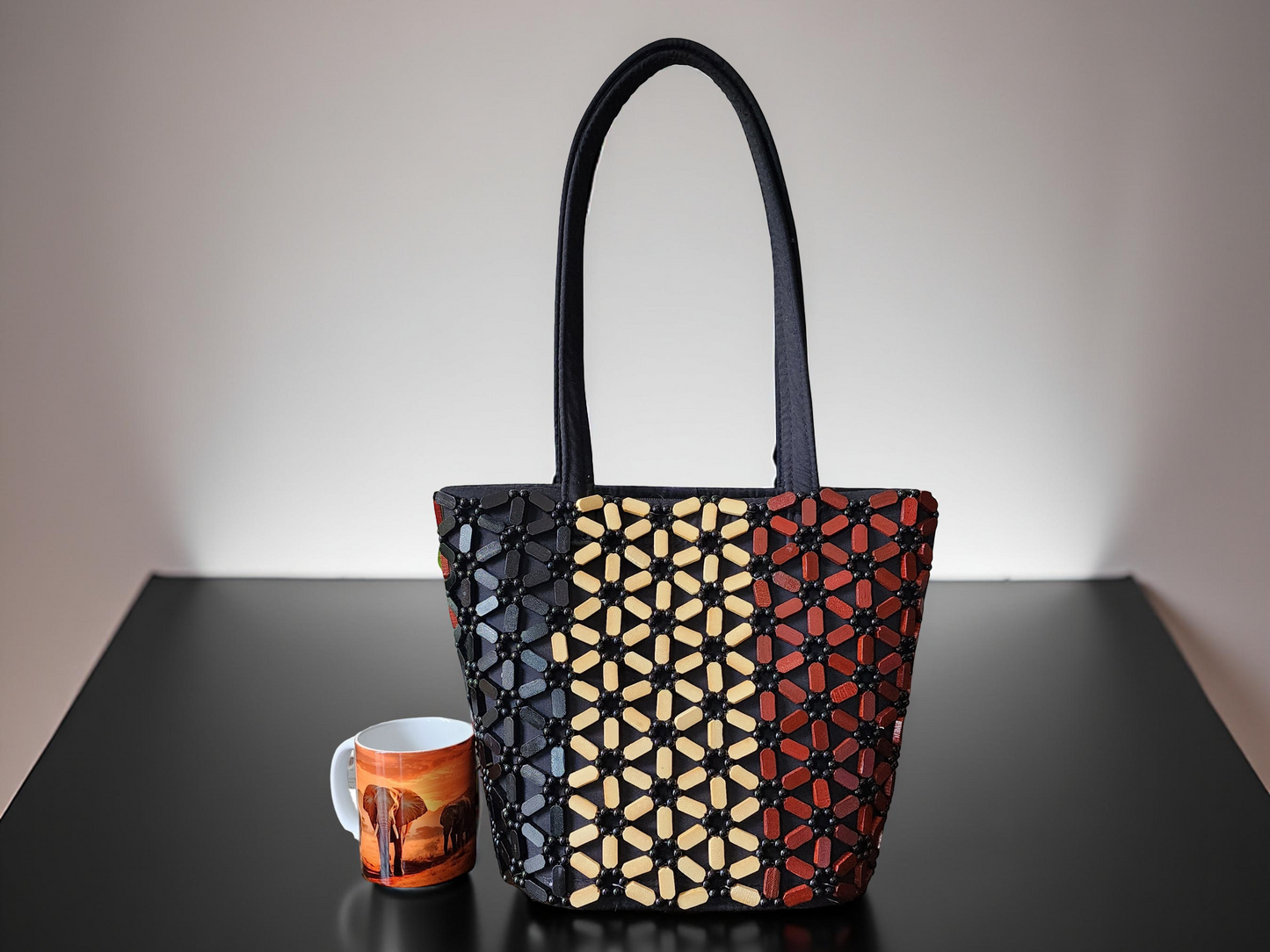 Handmade Black & Brown Beaded Tote Bag – Large African-Inspired Shoulder Purse for Women