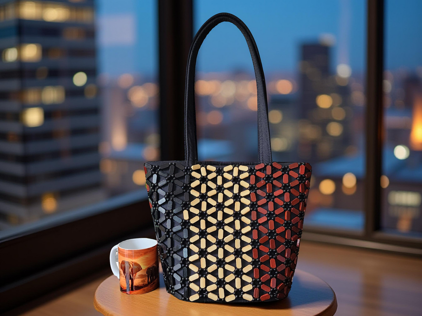 Handmade Black & Brown Beaded Tote Bag – Large African-Inspired Shoulder Purse for Women