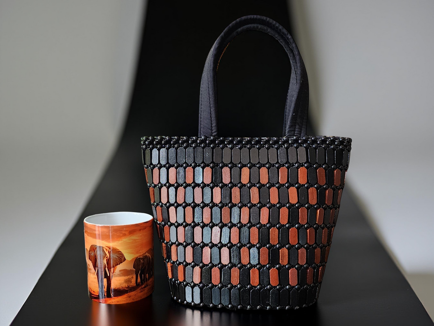 Handmade Beaded Tote Bag – Medium Black & Brown African-Inspired Shoulder Purse for Women