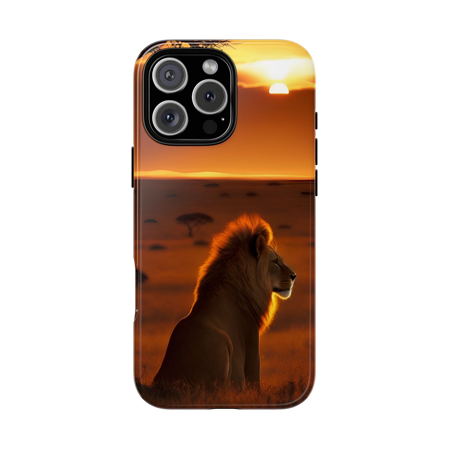 Lion Sunset Phone Case – Majestic Wildlife Art with Tree Silhouette, Safari-Inspired Protective Cover