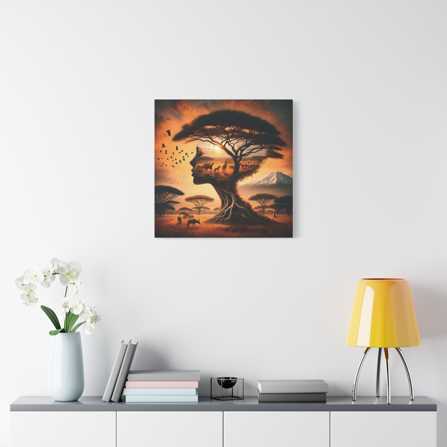 Mother Africa Silhouette Tree Art – Afrocentric Safari Wall Print with Wildlife & Mountain Scene - Dreamy Wall Decor for Nature Lovers, Wildlife Artwork,