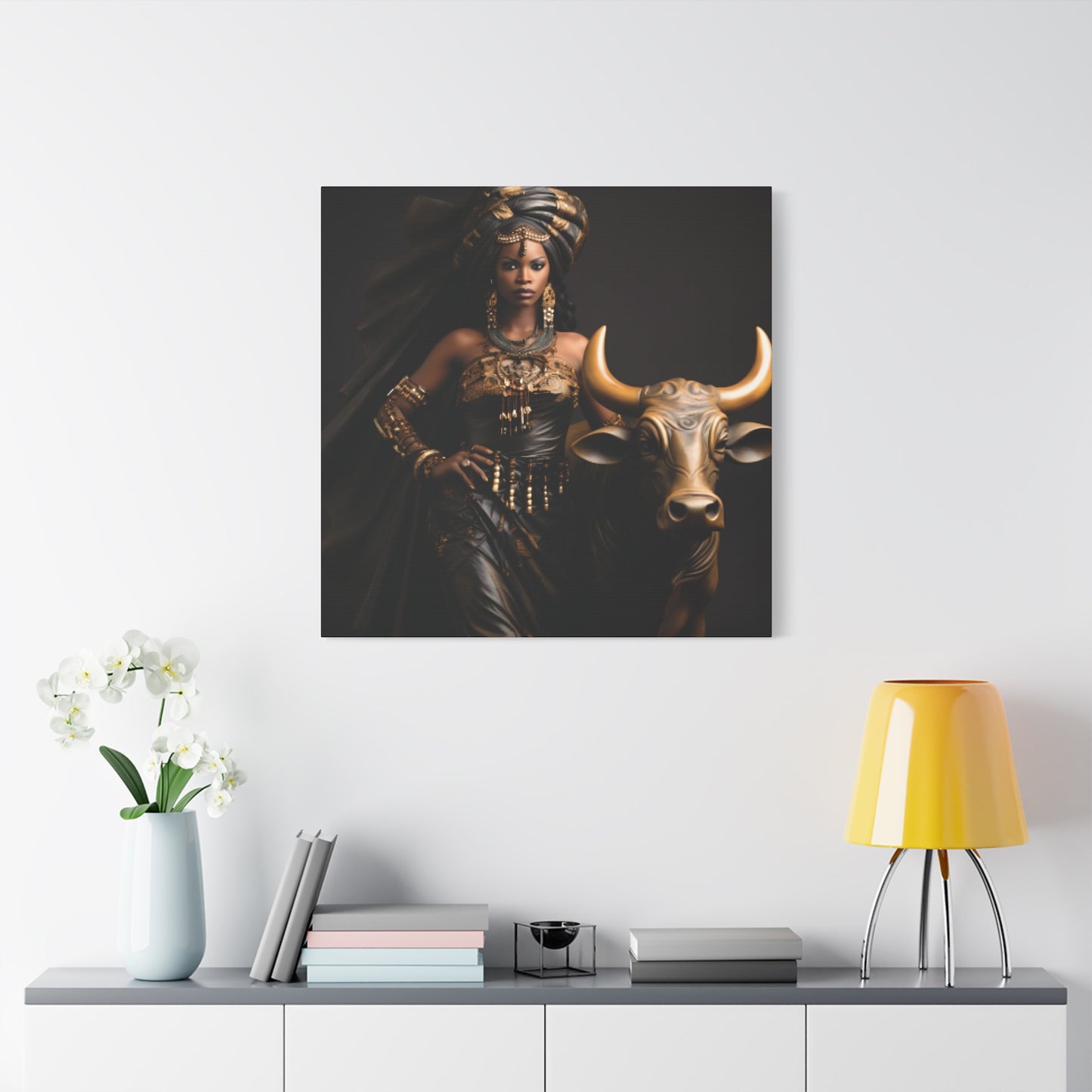Golden African Queen with Bull – Regal Black Art Canvas for Empowered Spaces, Wall Decor, Home Decoration, Cultural Gift, Unique Artwork, Living Room Art