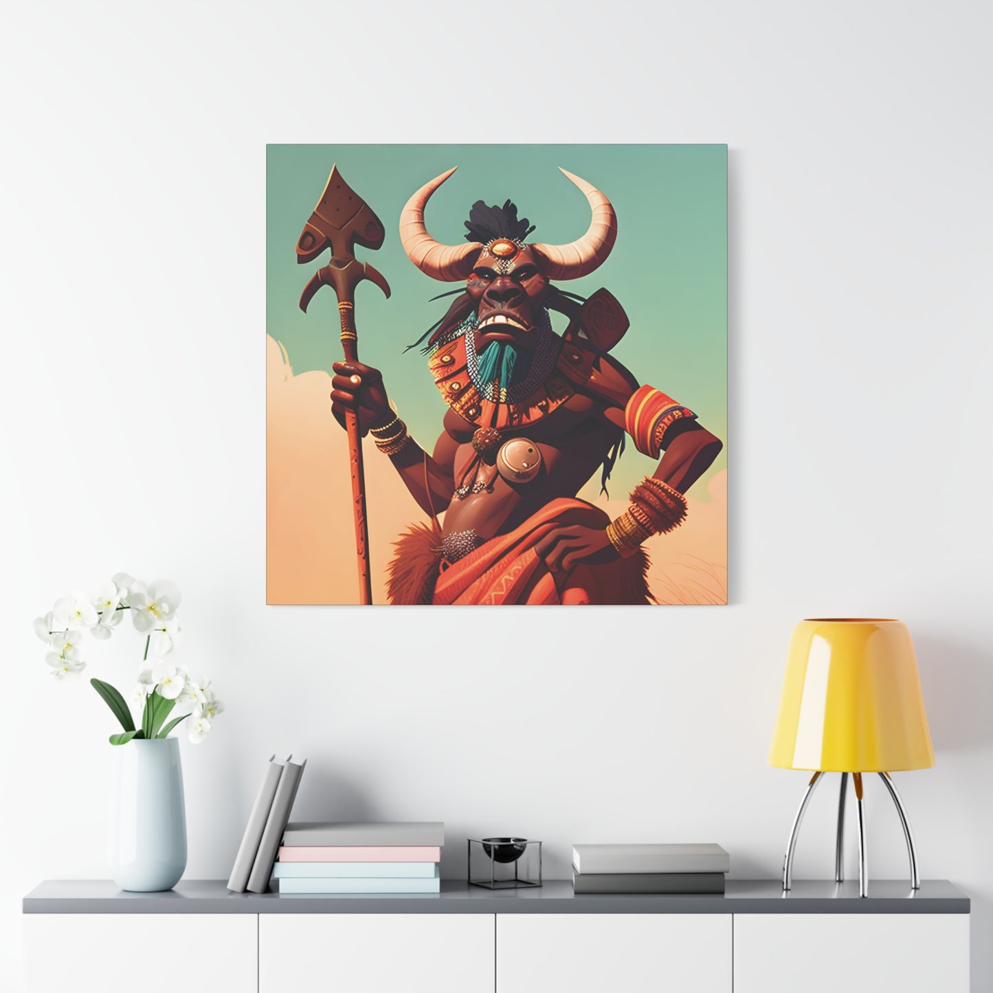 Bold African Tribal Warrior Canvas Art Print, Tribal Wall Decor, Cultural Artwork, Boho Home Decor, Unique Gifts for Him,Warrior Bull Spirit Art