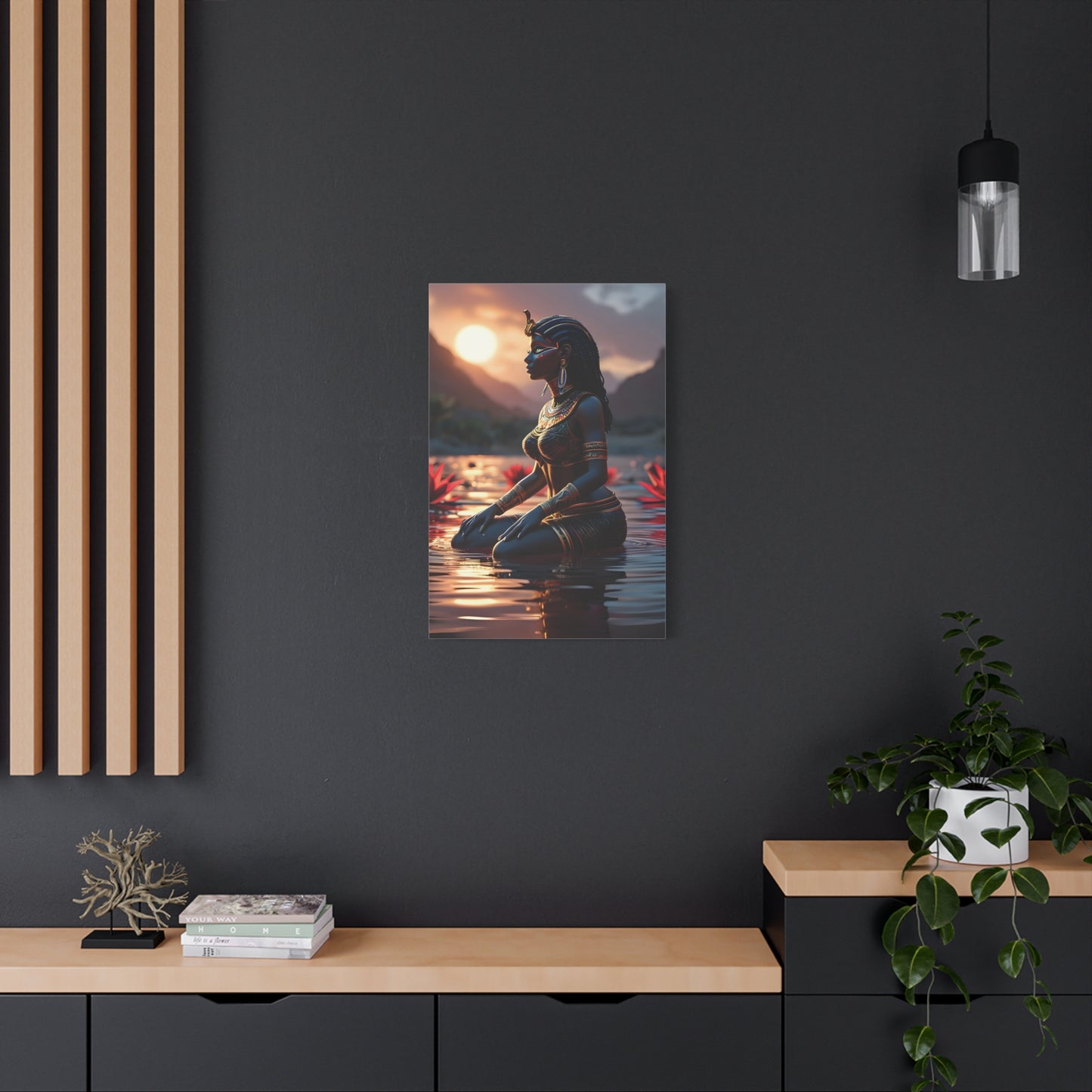 African Goddess Wall Art – Black Queen in Water at Sunset | Afrocentric Spiritual Decor, Unique Gift for Her, Yoga Studio Decor, Inspirational Decor