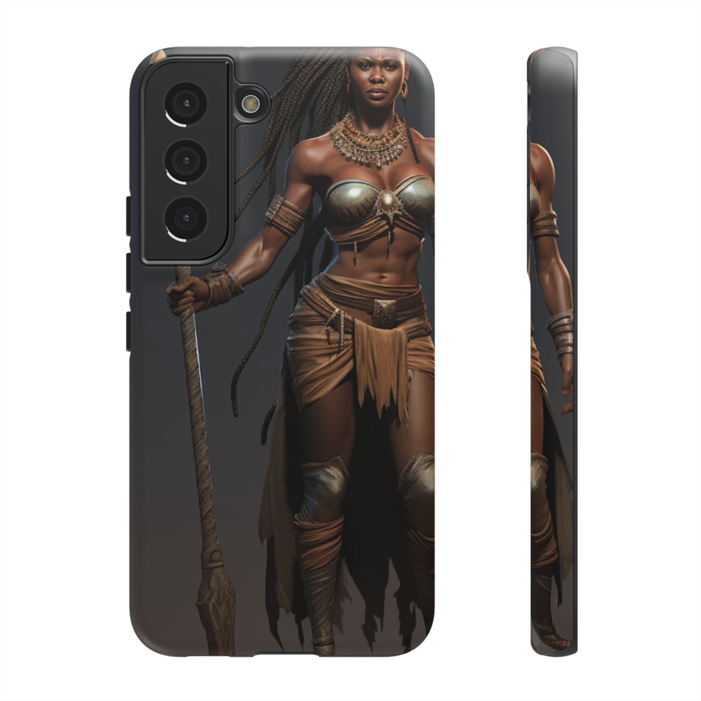 African Female Warrior Phone Case – Powerful Spear-Wielding Tribal Art Design, Bold Protective Cover