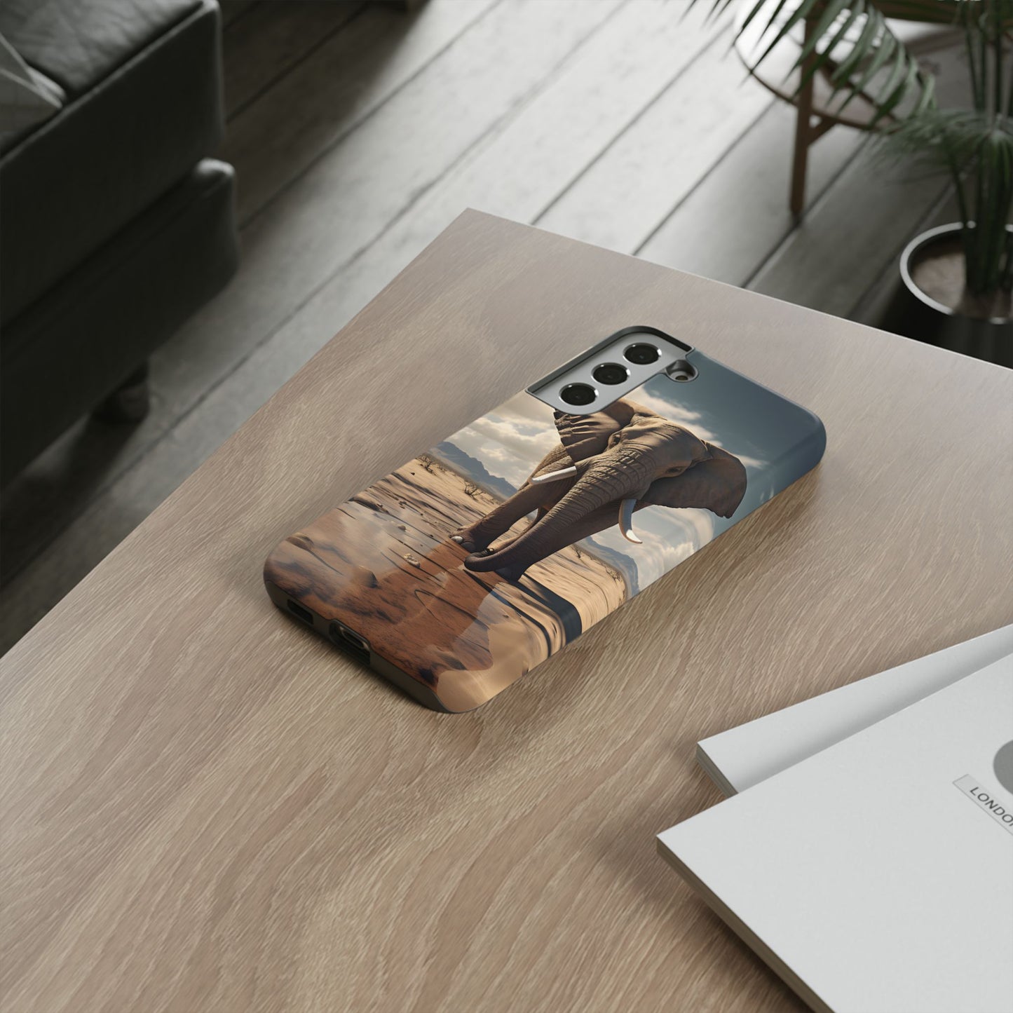Elephant Drinking Water Phone Case - Wildlife Art in Dry Landscape Design, Nature-Inspired Protective Cover