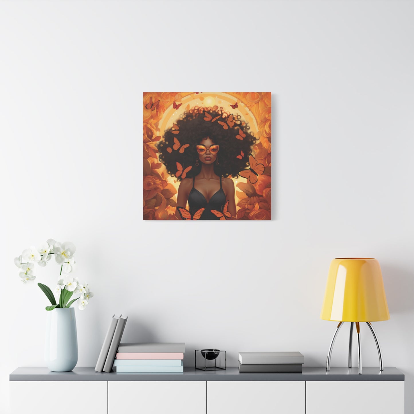 Vibrant Afro Woman Canvas Art, Boho Wall Decor, Unique Gift for Home, Butterfly and Flower Print, Black Art for All Occasions