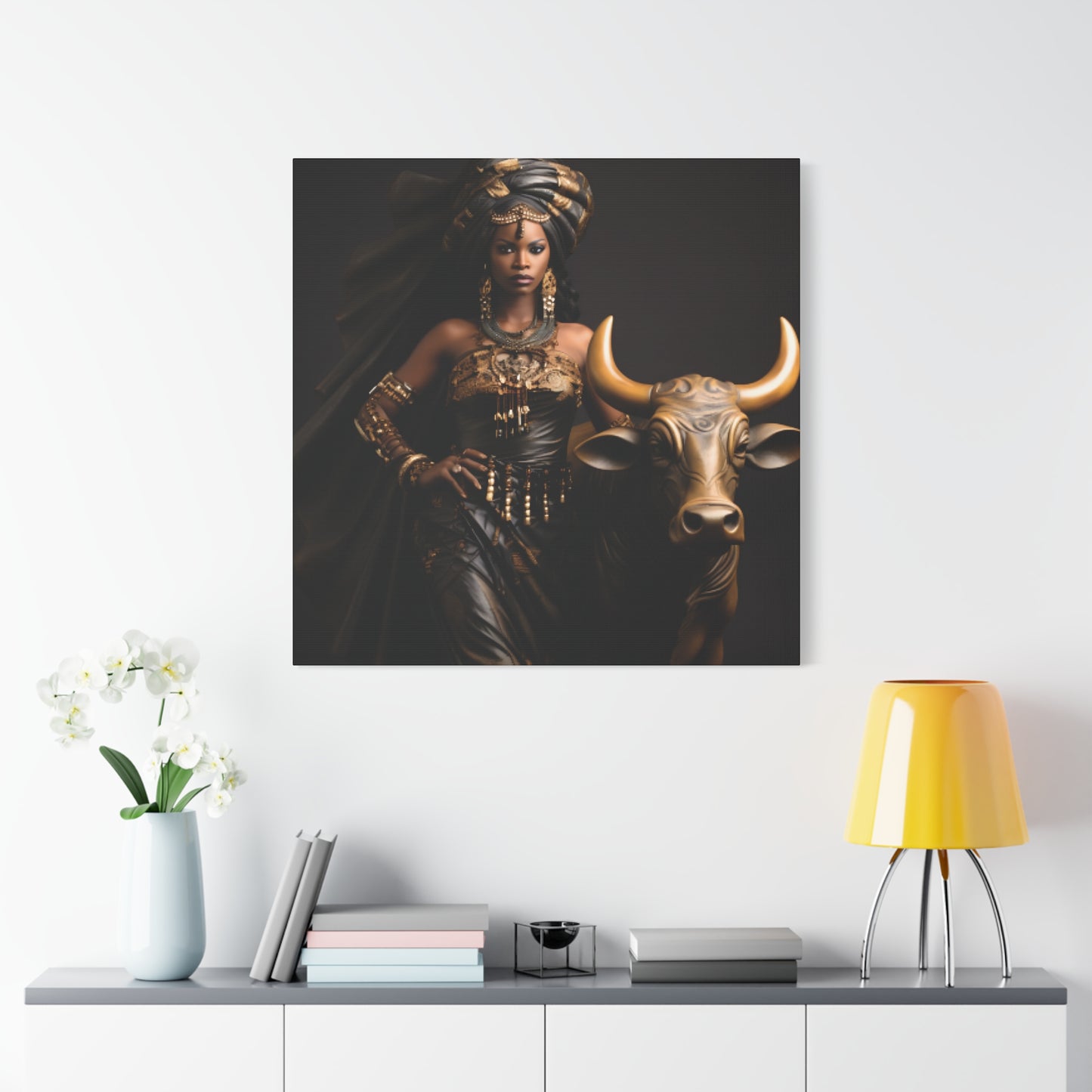 Golden African Queen with Bull – Regal Black Art Canvas for Empowered Spaces, Wall Decor, Home Decoration, Cultural Gift, Unique Artwork, Living Room Art