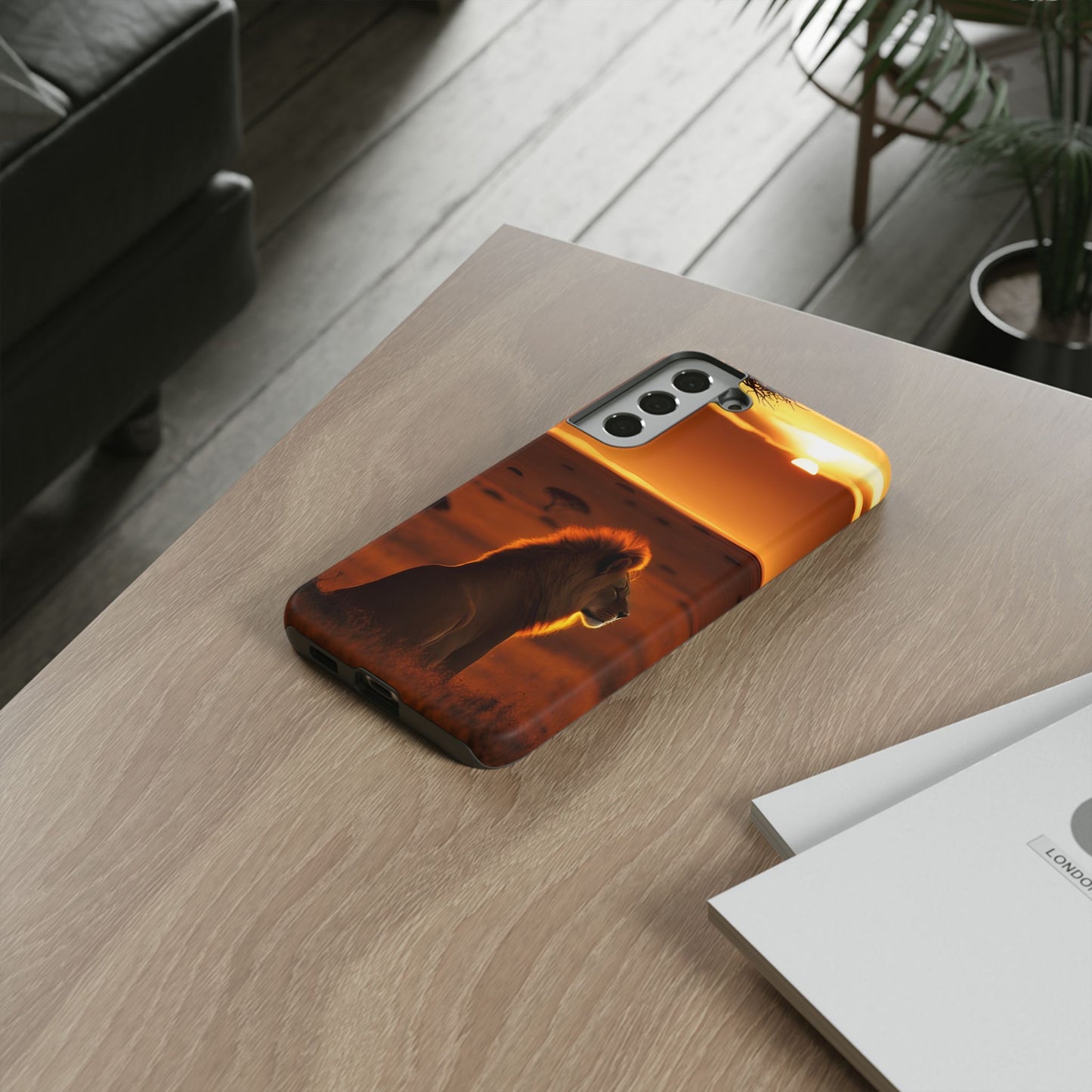 Lion Sunset Phone Case – Majestic Wildlife Art with Tree Silhouette, Safari-Inspired Protective Cover
