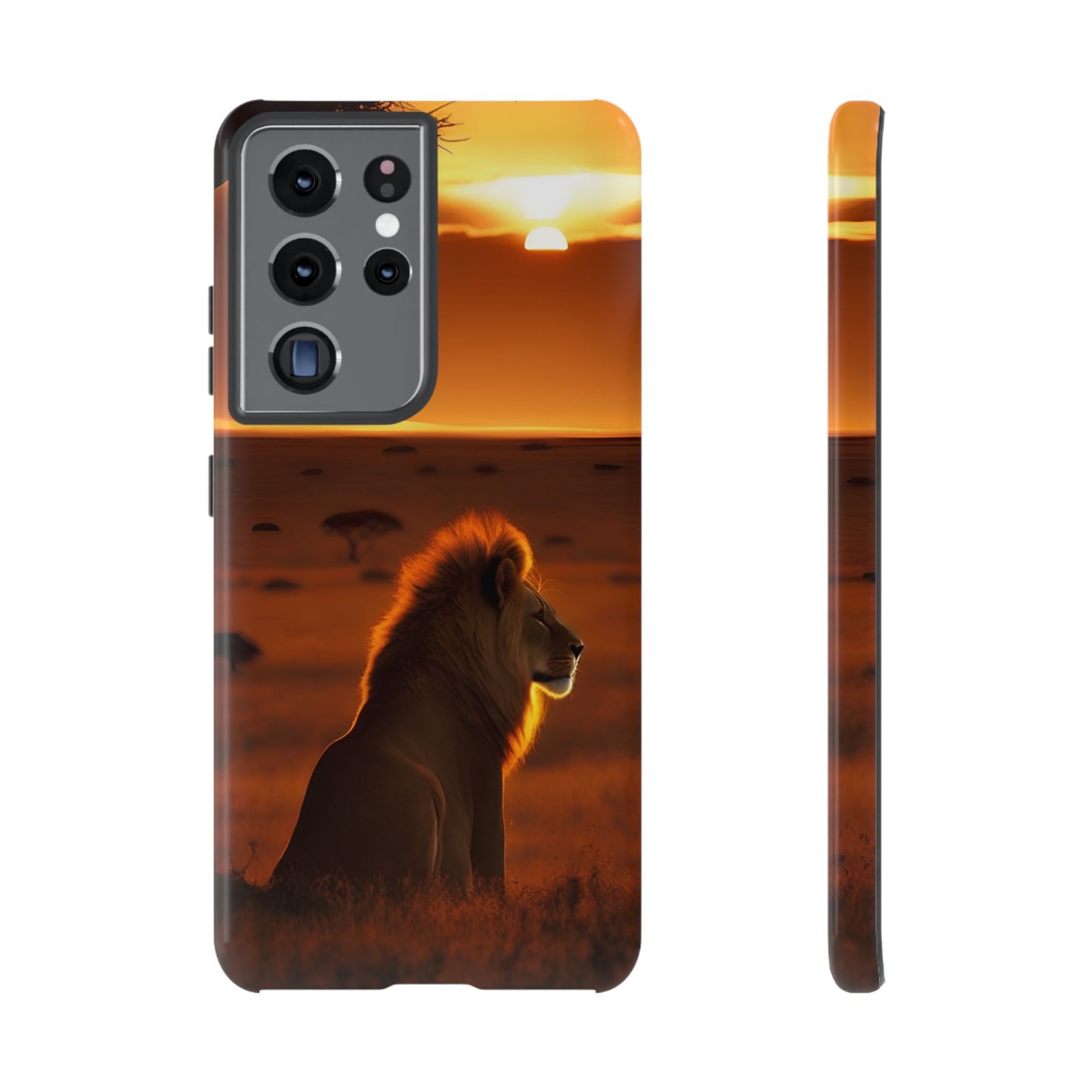 Lion Sunset Phone Case – Majestic Wildlife Art with Tree Silhouette, Safari-Inspired Protective Cover