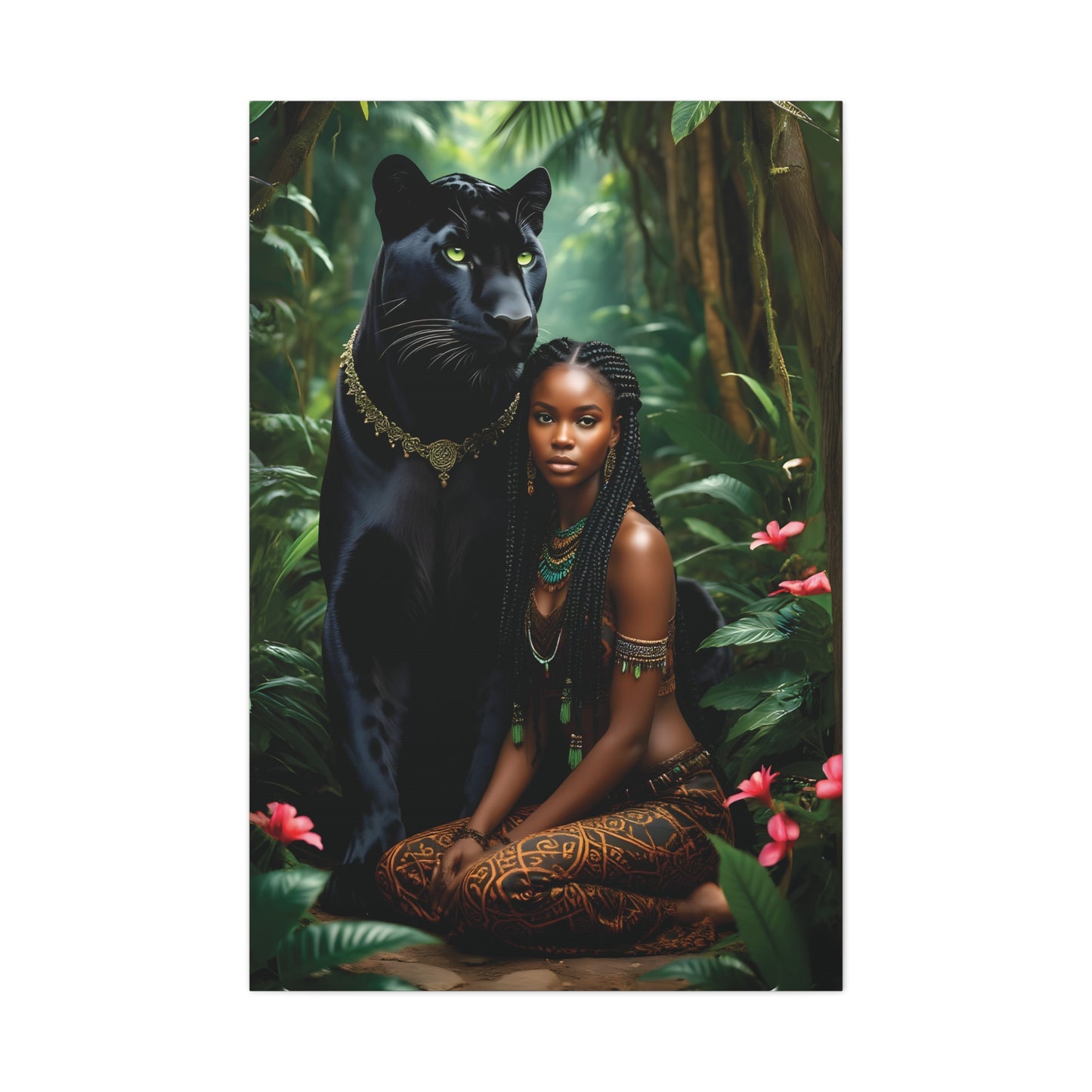 Exotic Jungle Canvas Art Print, Black Panther and Woman Wall Decor, Nature Lover Gift, Bohemian Home Art, Tropical Vibe Decoration, Afro Art