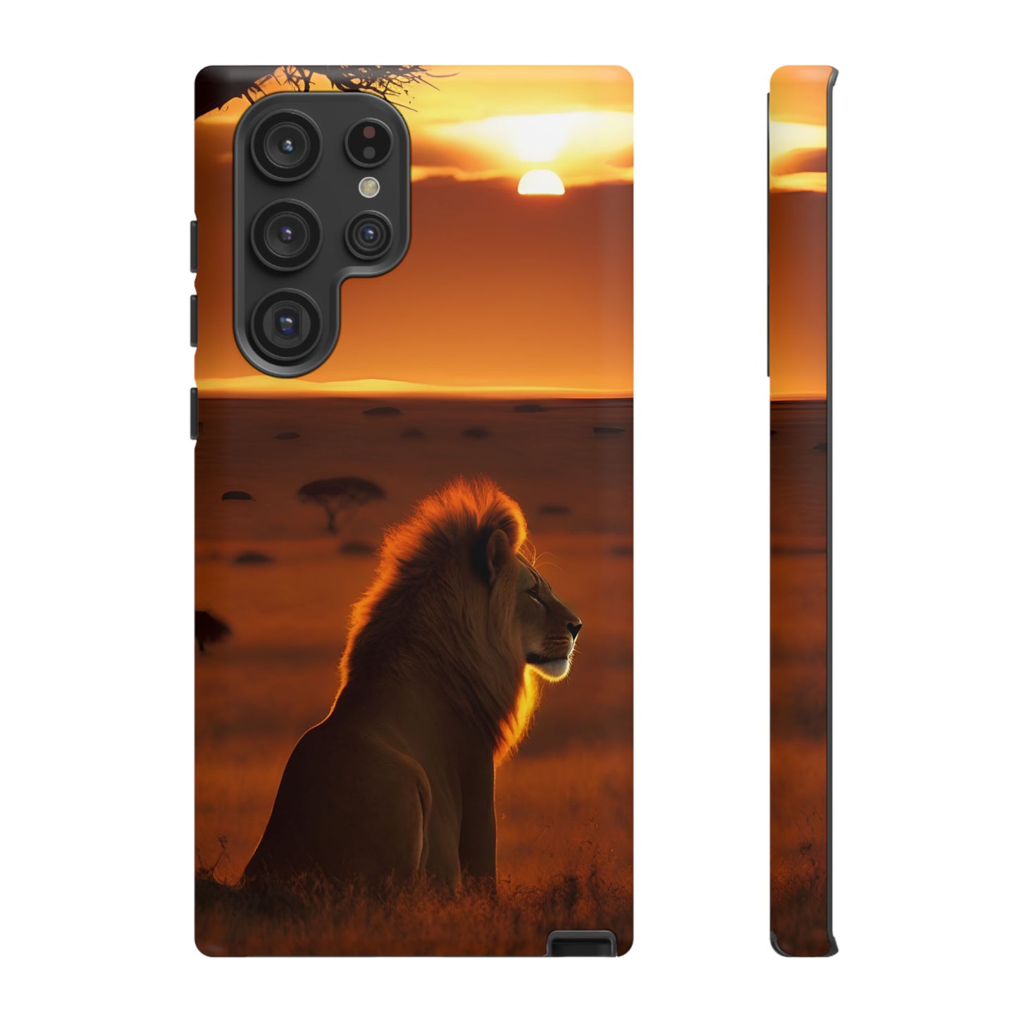 Lion Sunset Phone Case – Majestic Wildlife Art with Tree Silhouette, Safari-Inspired Protective Cover