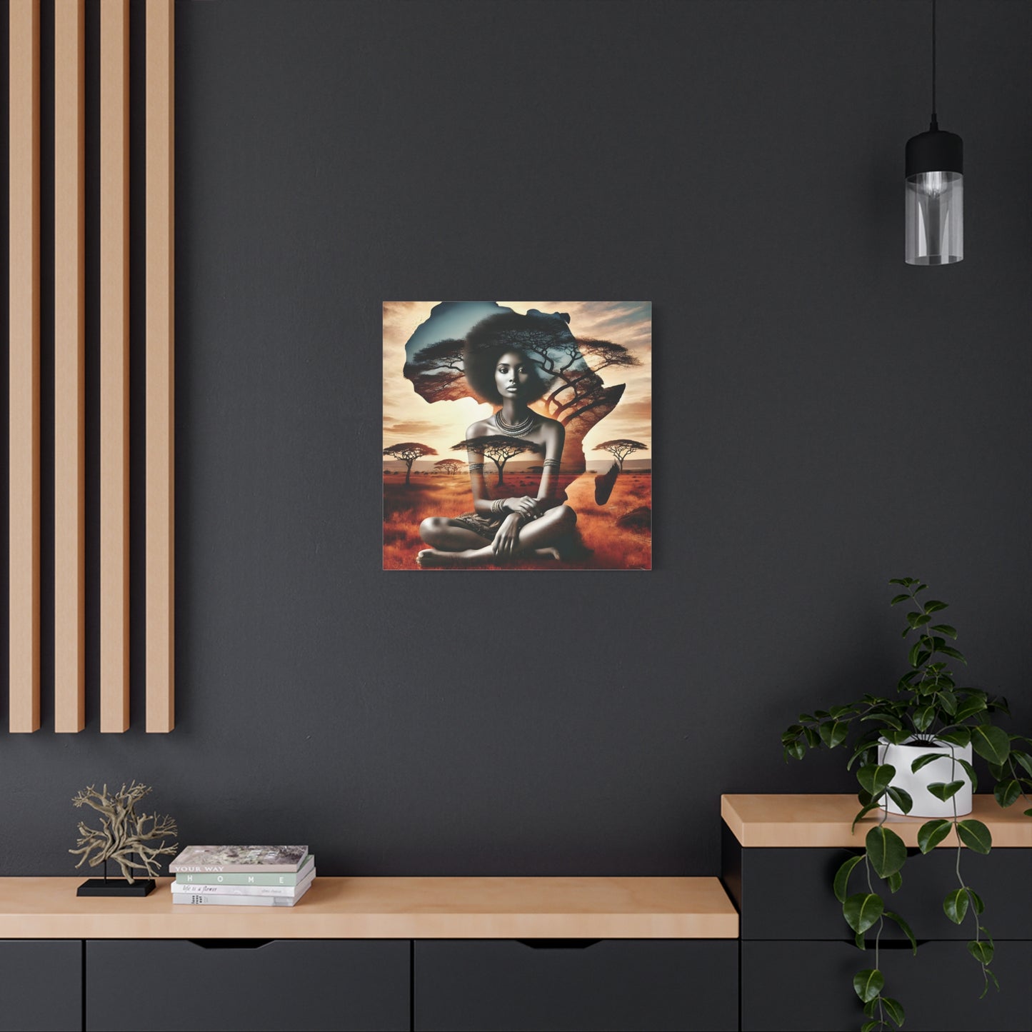African Queen Canvas Wall Art Print – Afrocentric Woman with Africa Map and Acacia Trees, Ethnic Vibe and Culture Lovers, Living Room Art