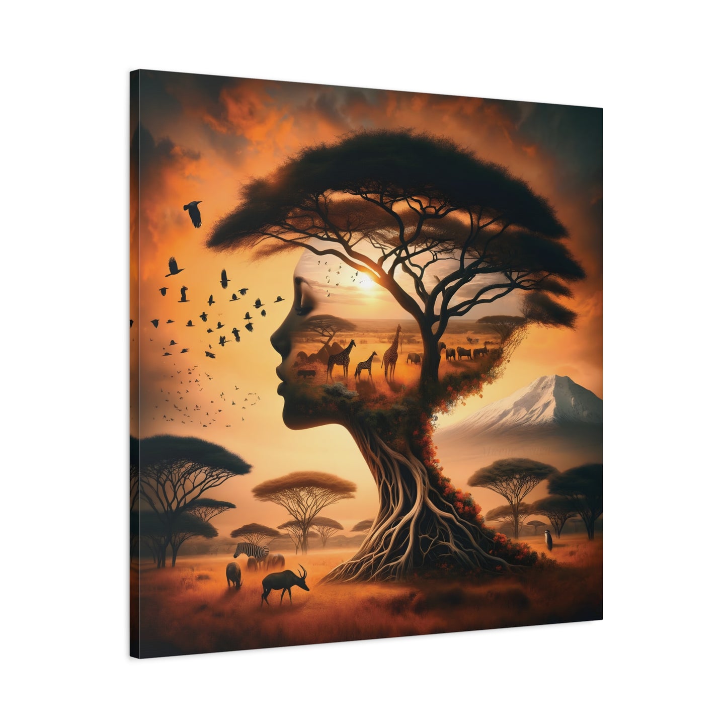 Mother Africa Silhouette Tree Art – Afrocentric Safari Wall Print with Wildlife & Mountain Scene - Dreamy Wall Decor for Nature Lovers, Wildlife Artwork,