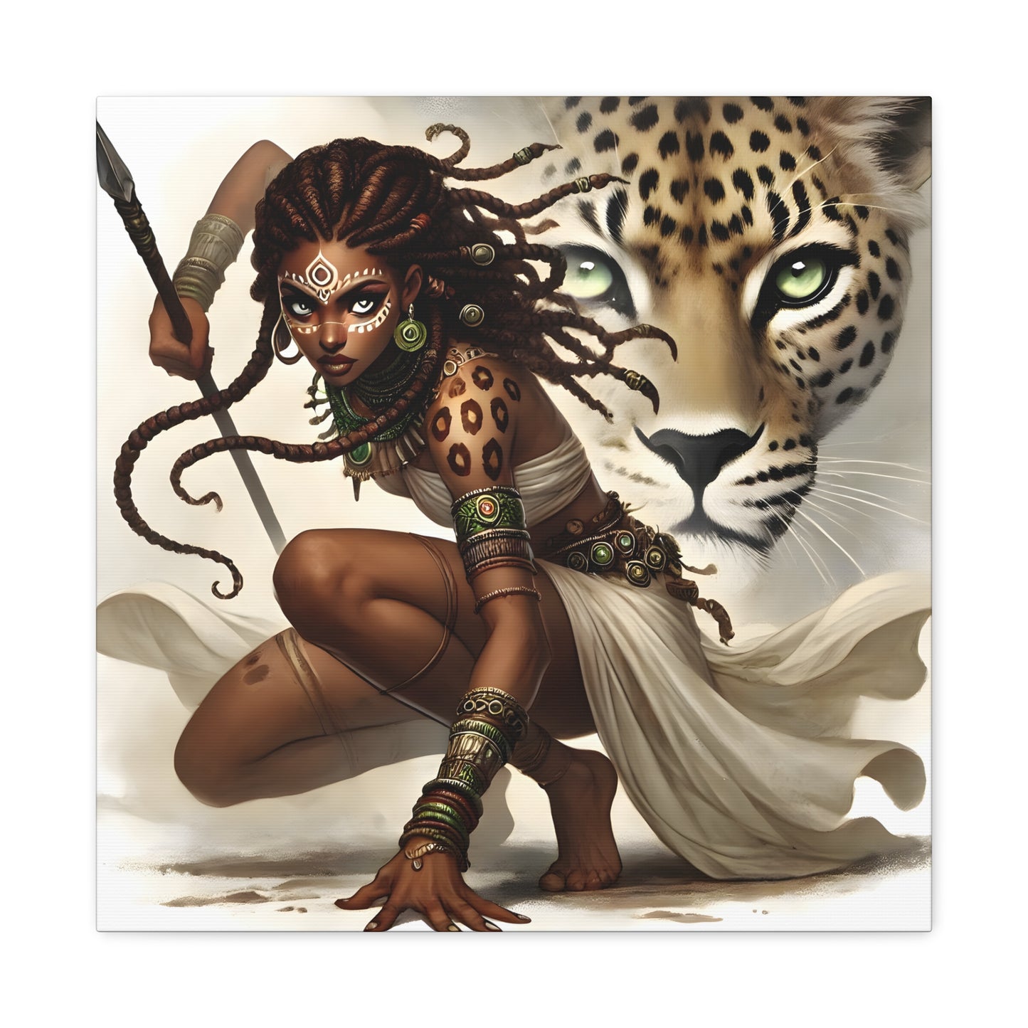 African Warrior Queen and Leopard Art – Empowering Canvas Wall Decor, Jungle Queen, Home Decor, African Art, Nature Inspired