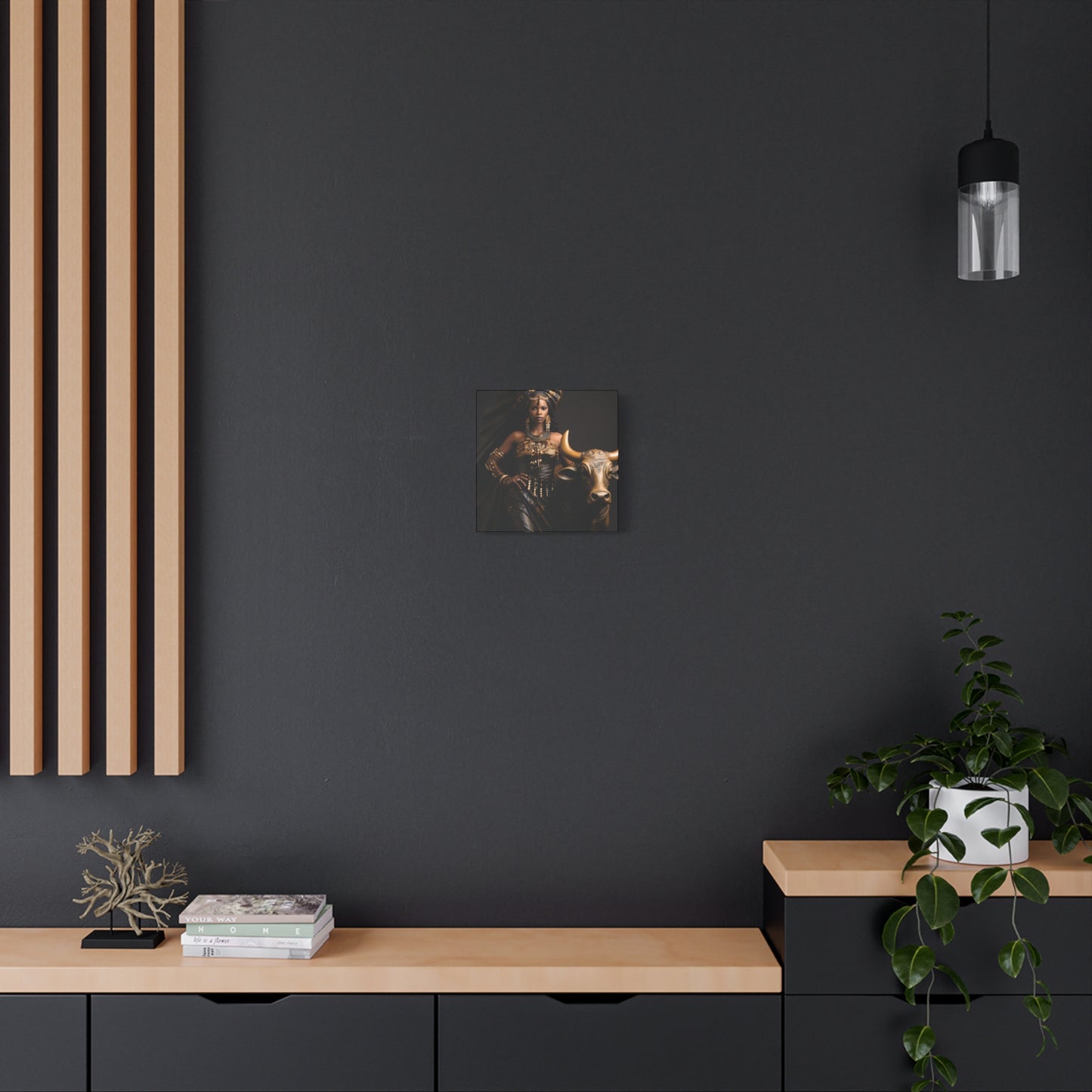 Golden African Queen with Bull – Regal Black Art Canvas for Empowered Spaces, Wall Decor, Home Decoration, Cultural Gift, Unique Artwork, Living Room Art