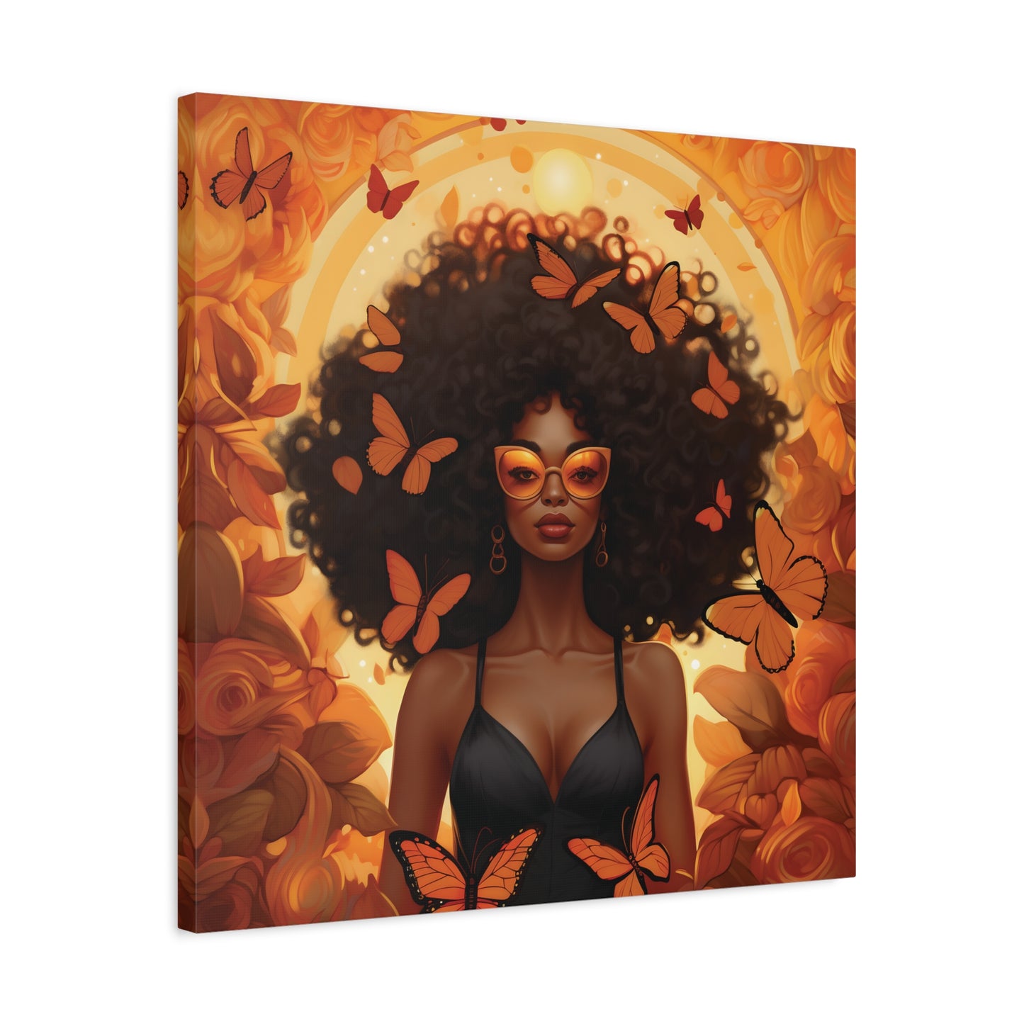 Vibrant Afro Woman Canvas Art, Boho Wall Decor, Unique Gift for Home, Butterfly and Flower Print, Black Art for All Occasions