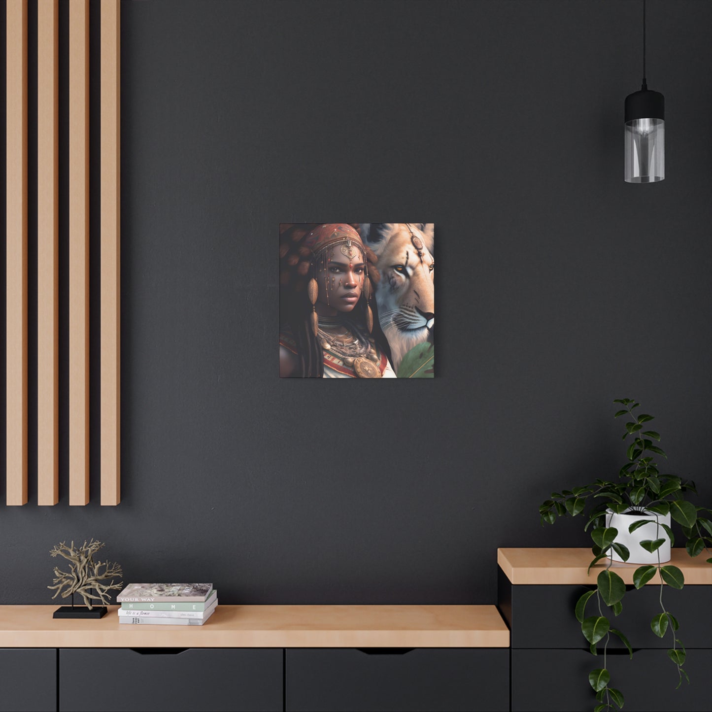 African Tribal Queen and White Lion Canvas – Regal Afrocentric Canvas Art Print, Bohemian Decor, Unique Wall Art, Tribal Home Decoration, Lion and Woman Artwork, Gift for Nature Lovers
