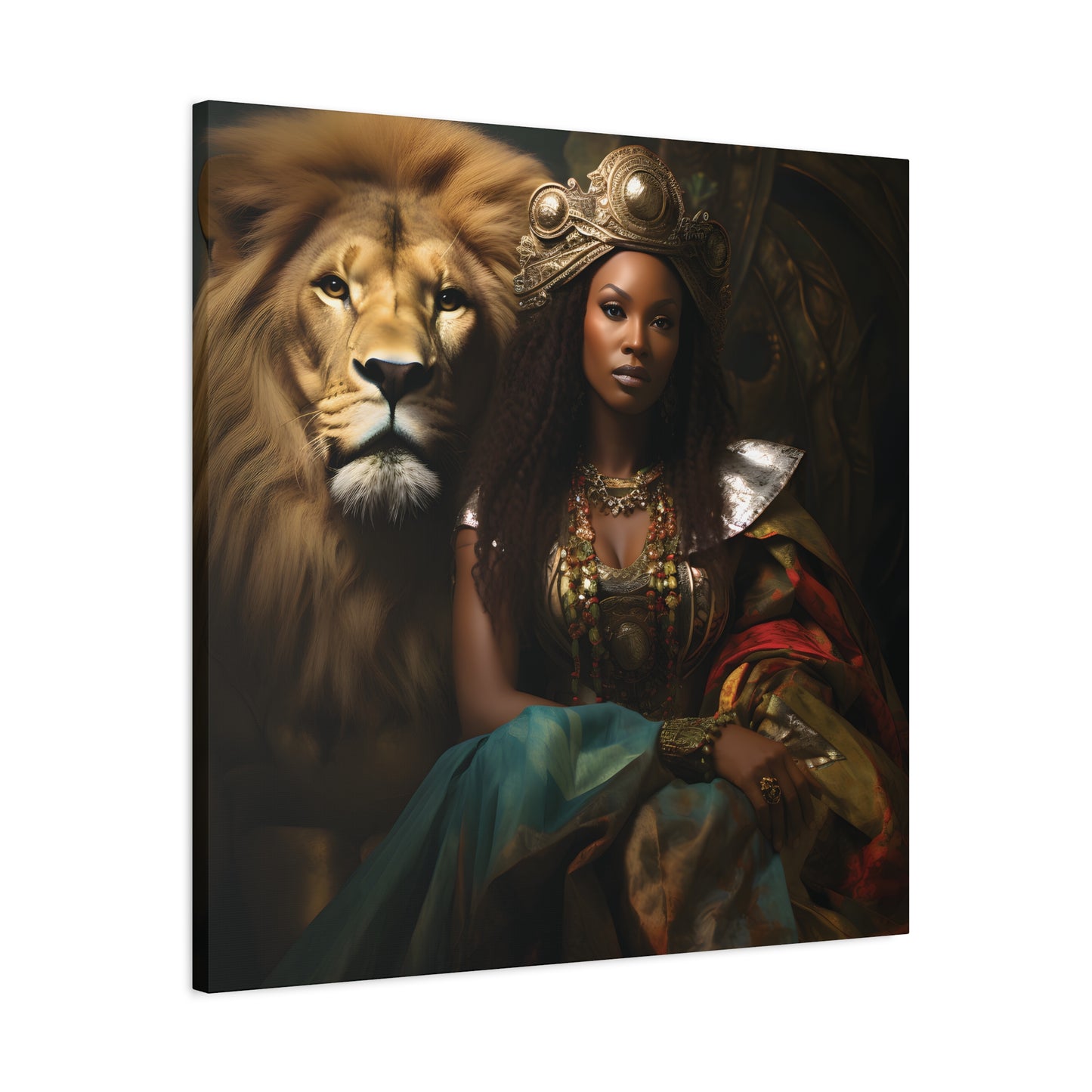 African Queen and Lion Royal Portrait – Regal Afrocentric Wall Art Print, Home Decor, Gift for Animal Lovers, Royalty Theme, Artful Decor