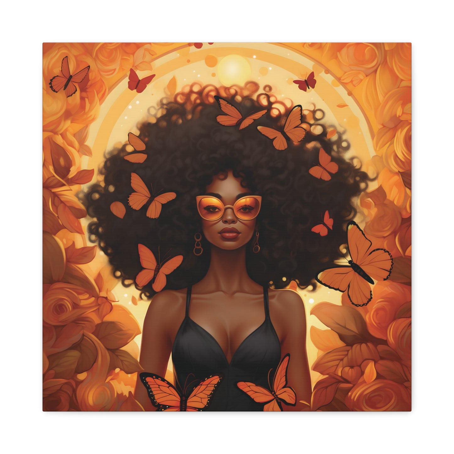 Vibrant Afro Woman Canvas Art, Boho Wall Decor, Unique Gift for Home, Butterfly and Flower Print, Black Art for All Occasions
