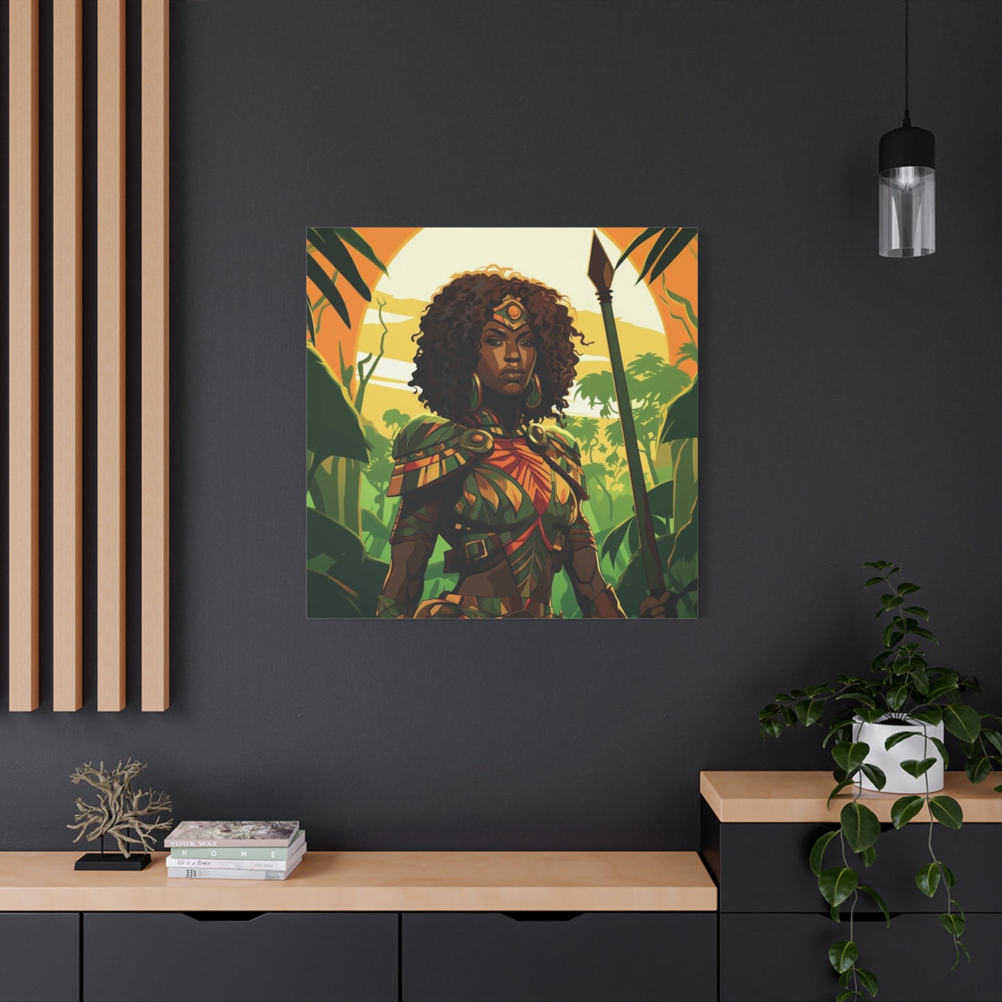 Jungle Warrior Queen Wall Art – Afrocentric Strength & Beauty Canvas Print | Jungle Wall Decor, Ethnic Artwork, Home Gallery, Gift for Art Lovers, Boho Decor