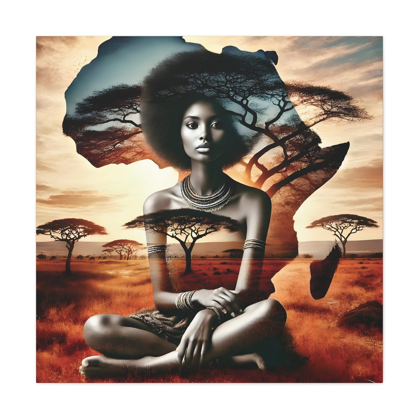 African Queen Canvas Wall Art Print – Afrocentric Woman with Africa Map and Acacia Trees, Ethnic Vibe and Culture Lovers, Living Room Art