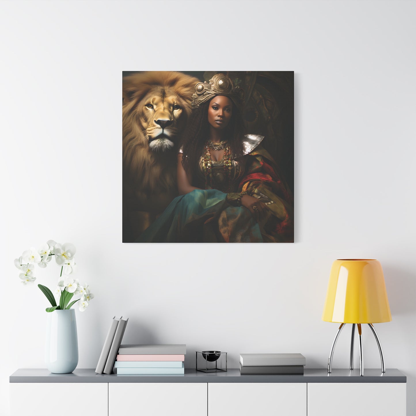 African Queen and Lion Royal Portrait – Regal Afrocentric Wall Art Print, Home Decor, Gift for Animal Lovers, Royalty Theme, Artful Decor