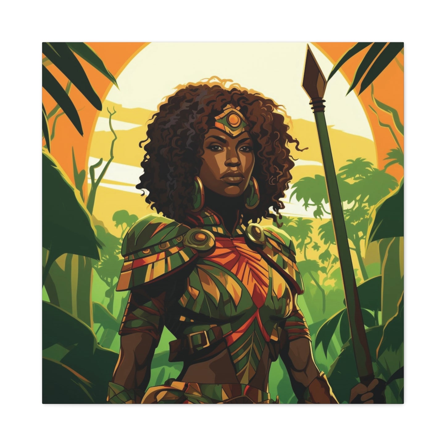 Jungle Warrior Queen Wall Art – Afrocentric Strength & Beauty Canvas Print | Jungle Wall Decor, Ethnic Artwork, Home Gallery, Gift for Art Lovers, Boho Decor