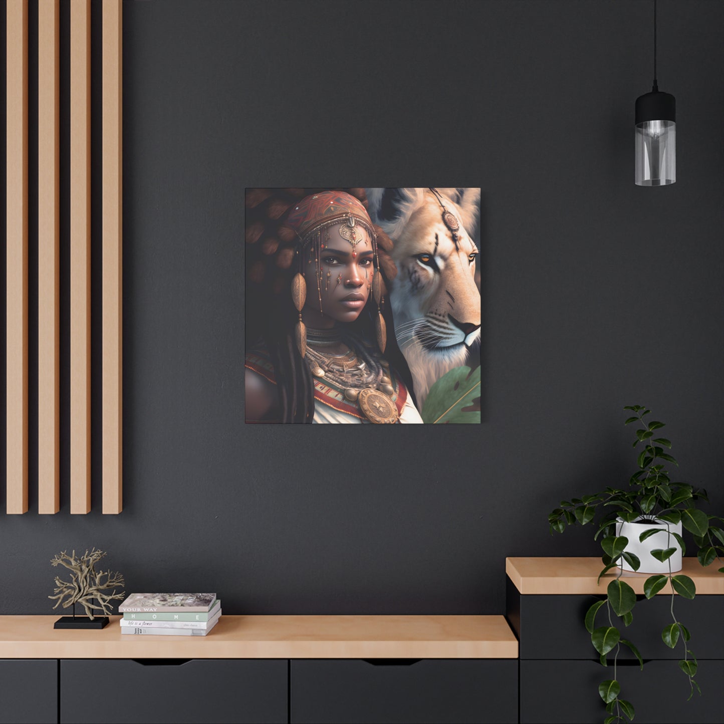 African Tribal Queen and White Lion Canvas – Regal Afrocentric Canvas Art Print, Bohemian Decor, Unique Wall Art, Tribal Home Decoration, Lion and Woman Artwork, Gift for Nature Lovers