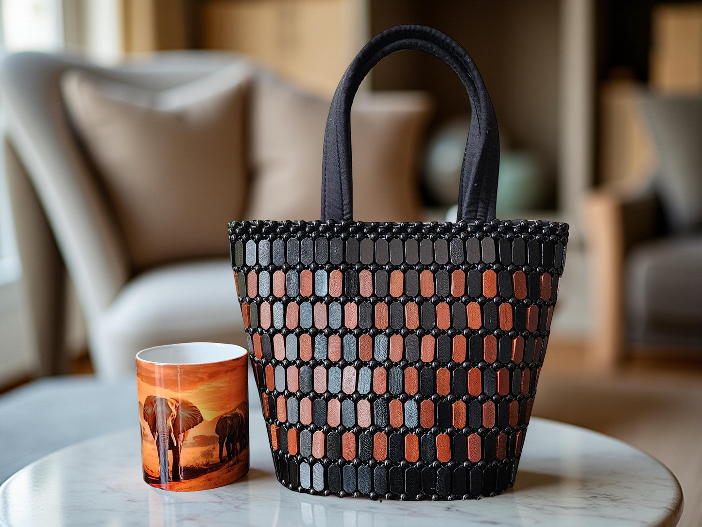 Handmade Beaded Tote Bag – Medium Black & Brown African-Inspired Shoulder Purse for Women